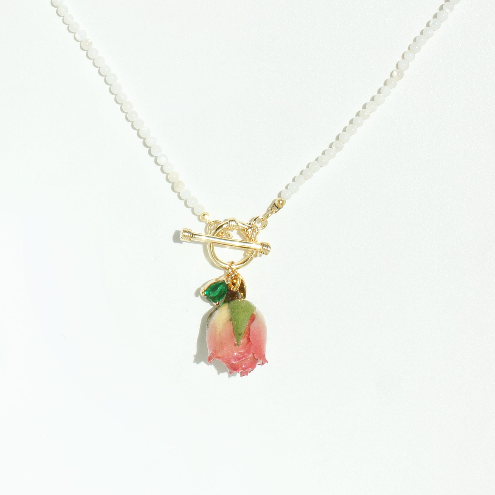 *REAL FLOWER* Bella Rosa Mother of Pearl Necklace with Pink Rosebud and Green Crystal