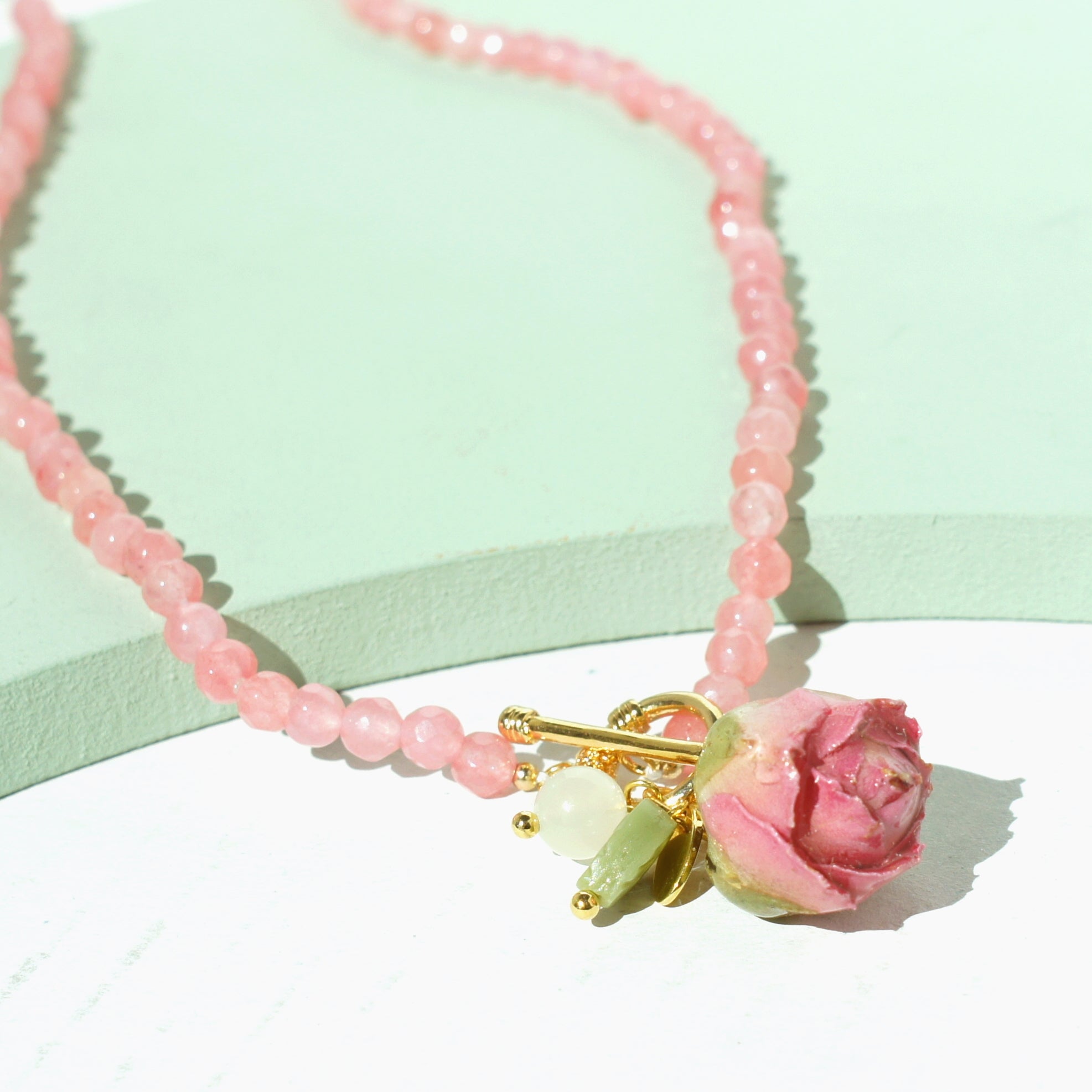 *REAL FLOWER* Bella Rosa Rosebud and Pink Jade Gem Necklace