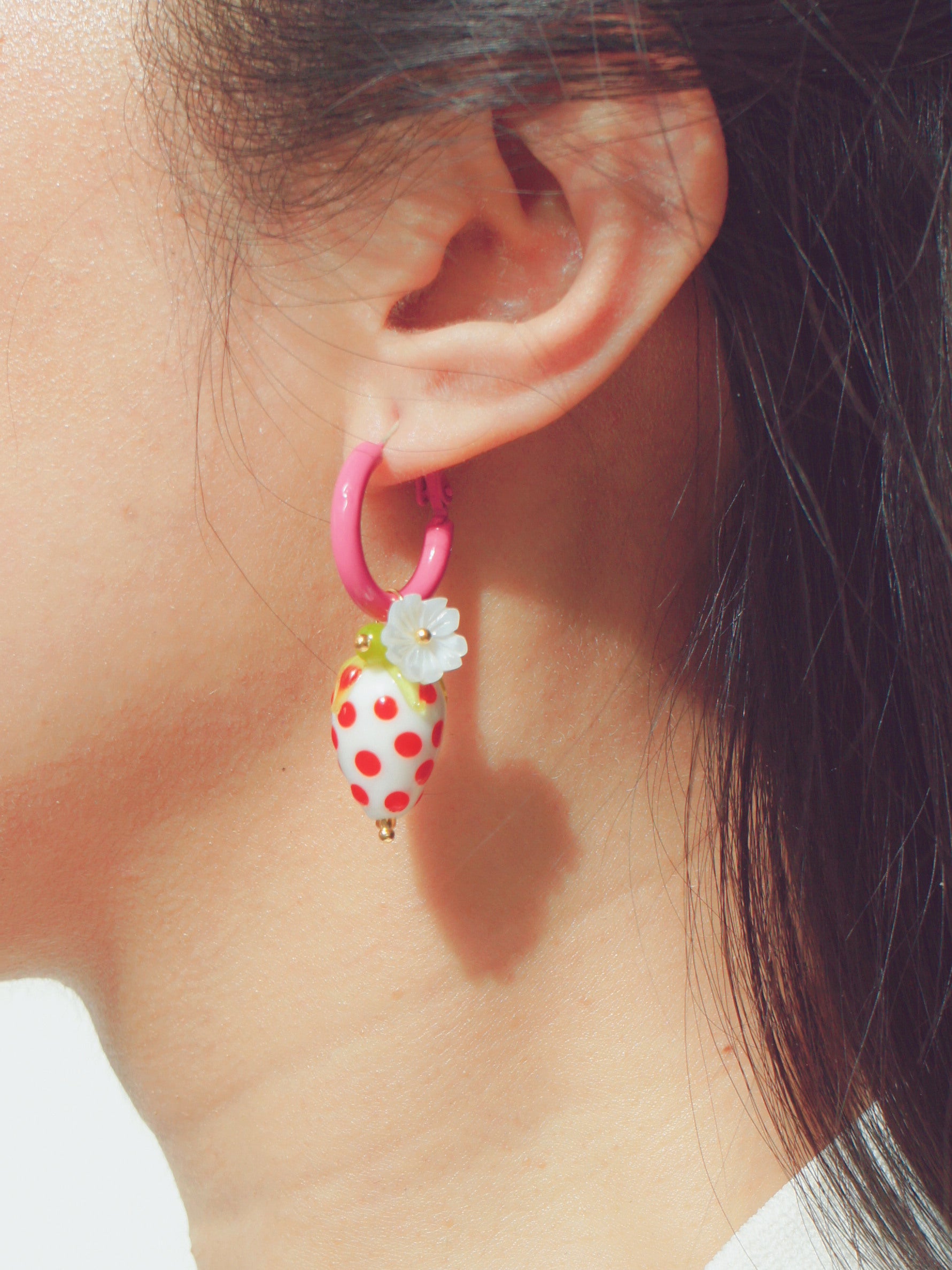 Strawberry Fields White Strawberry and Enamel Hoop Earrings