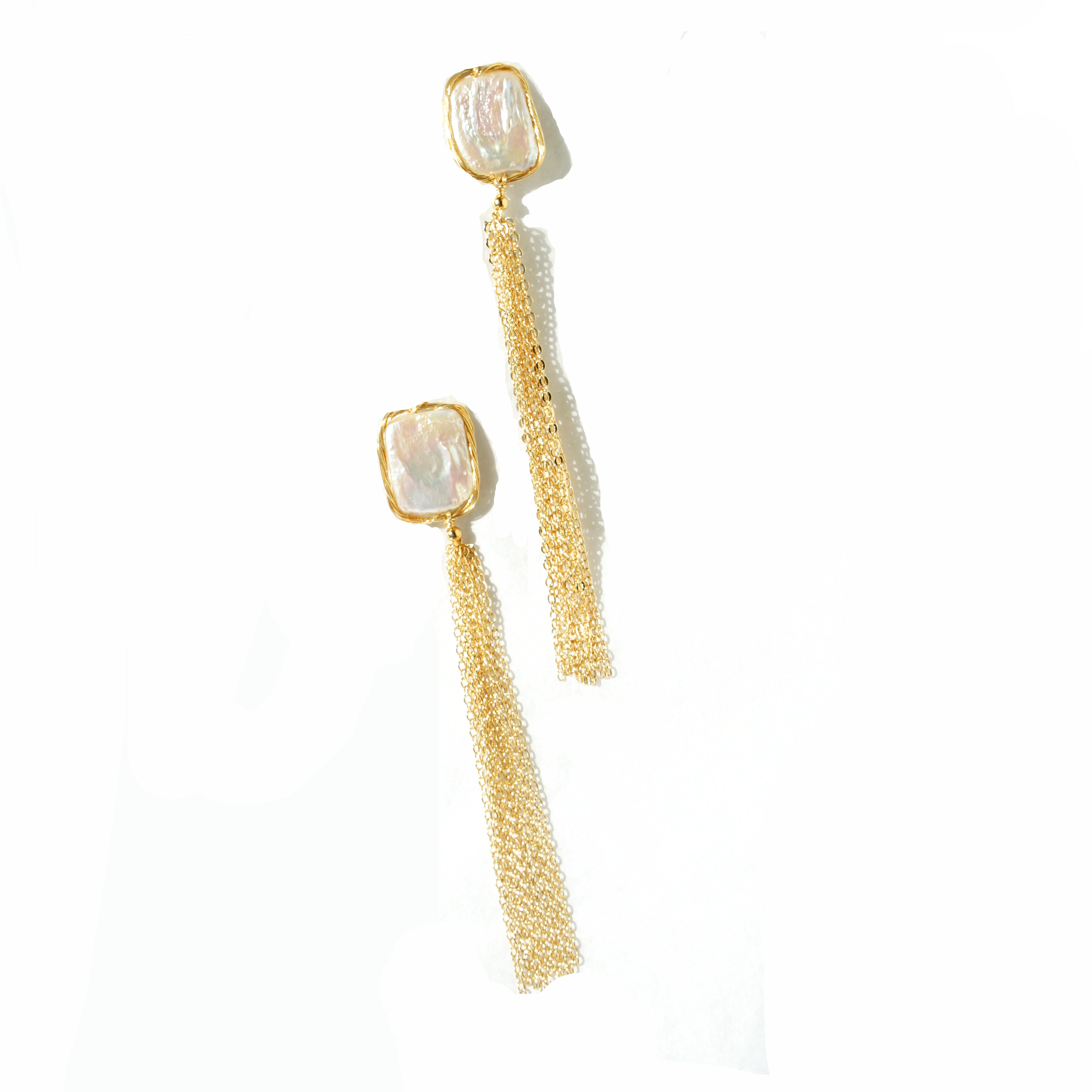 Golden Hour Rectangular Baroque Pearl Chain Tassel Drop Earrings