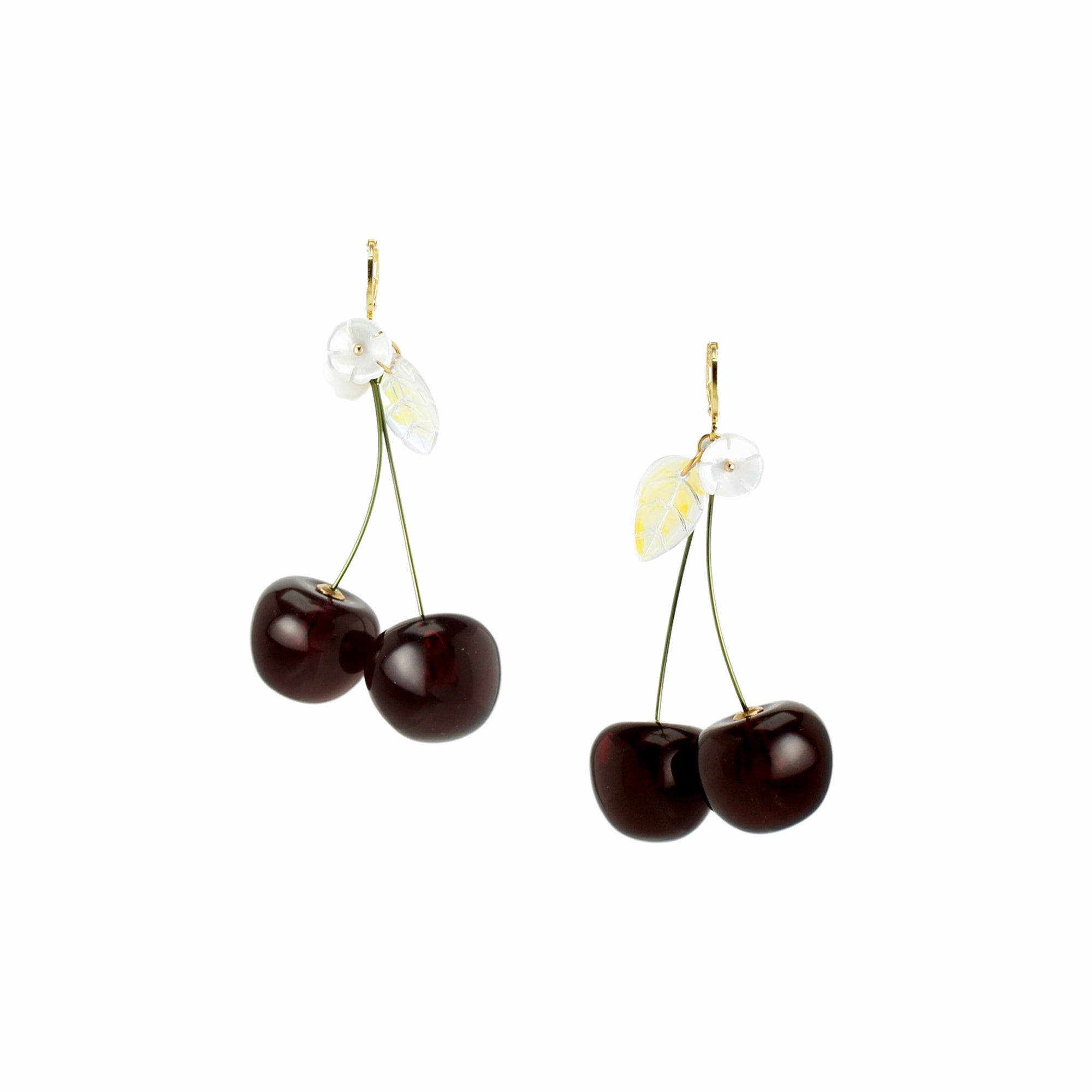 Amarena Double Cherry Drop Earrings with Mother of Pearl Flower and Glass Leaf