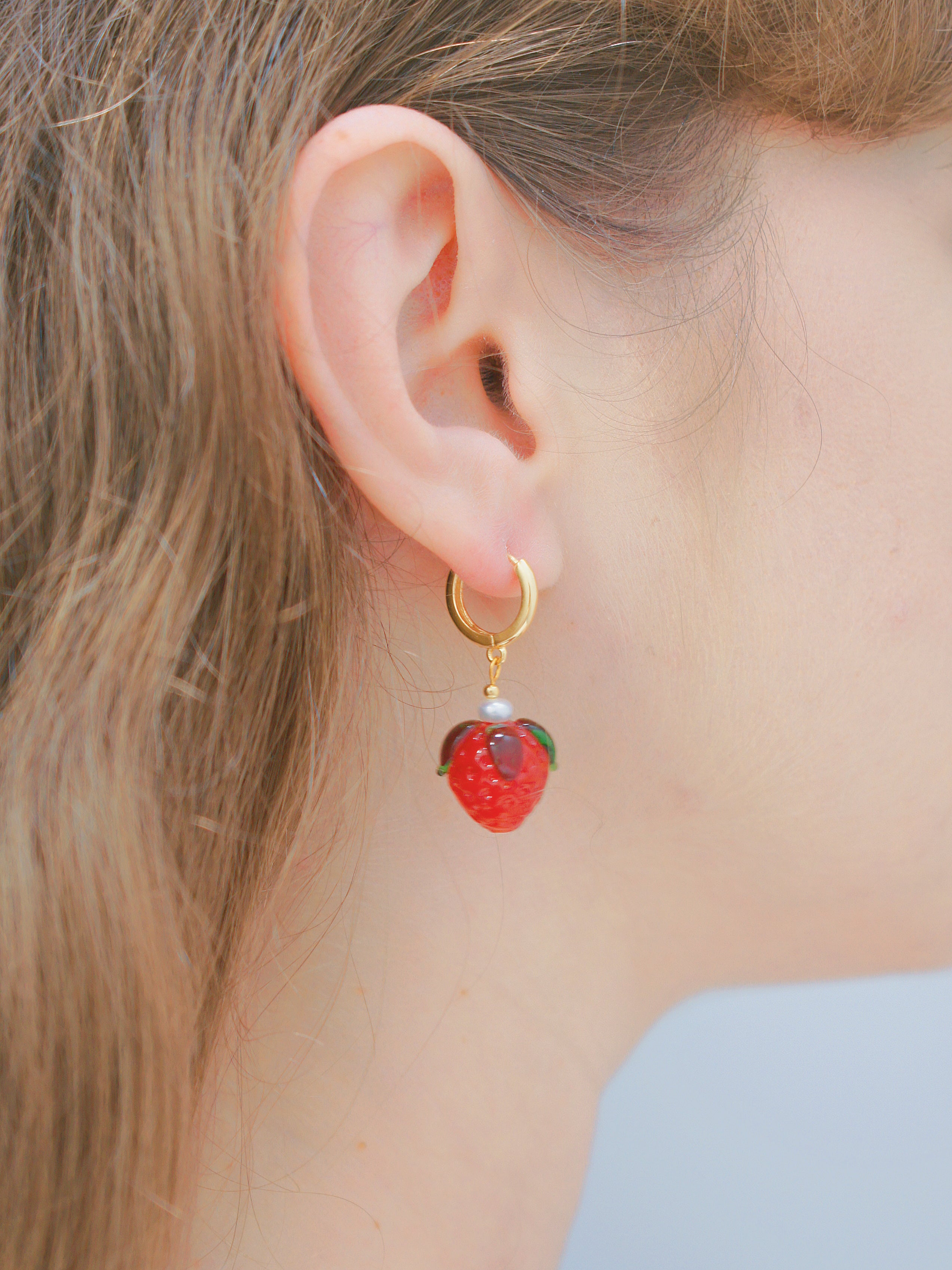 Strawberry Huggie Hoop/Leaf Stud Single Earring,18k Gold Vermeil/Sterling Silver