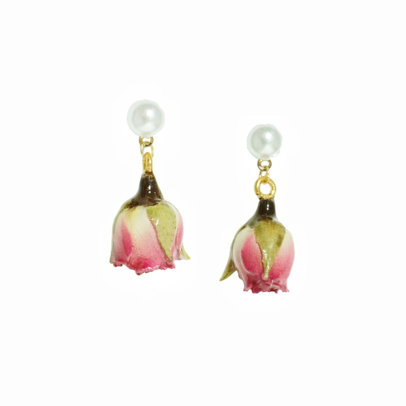 *REAL FLOWER* Ingrid Rosebud Drop Earrings with Pearl Studs