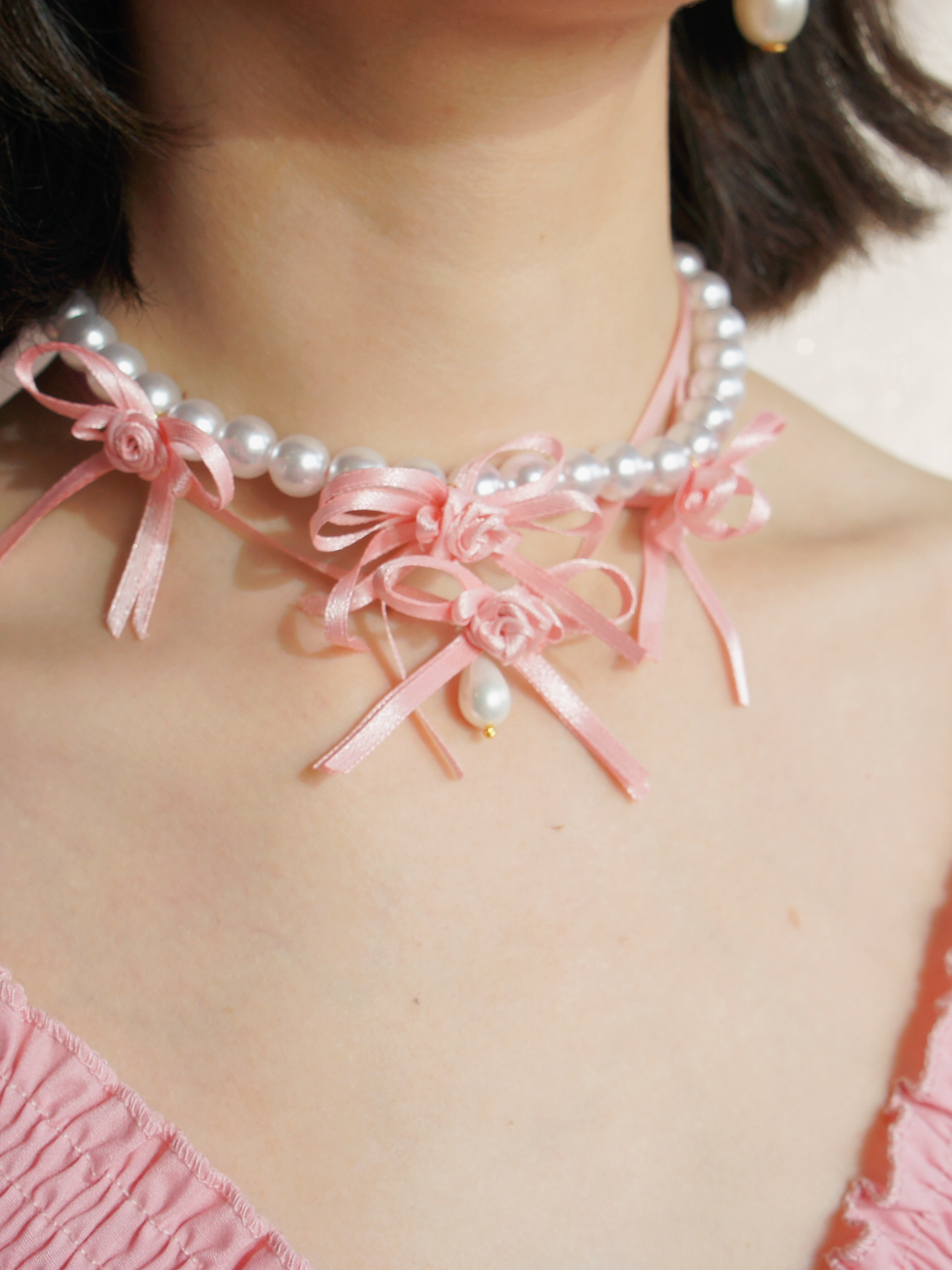 Ballerina Satin Ribbon Bow Flower Choker with Pearl Pendant, Length Adjustable