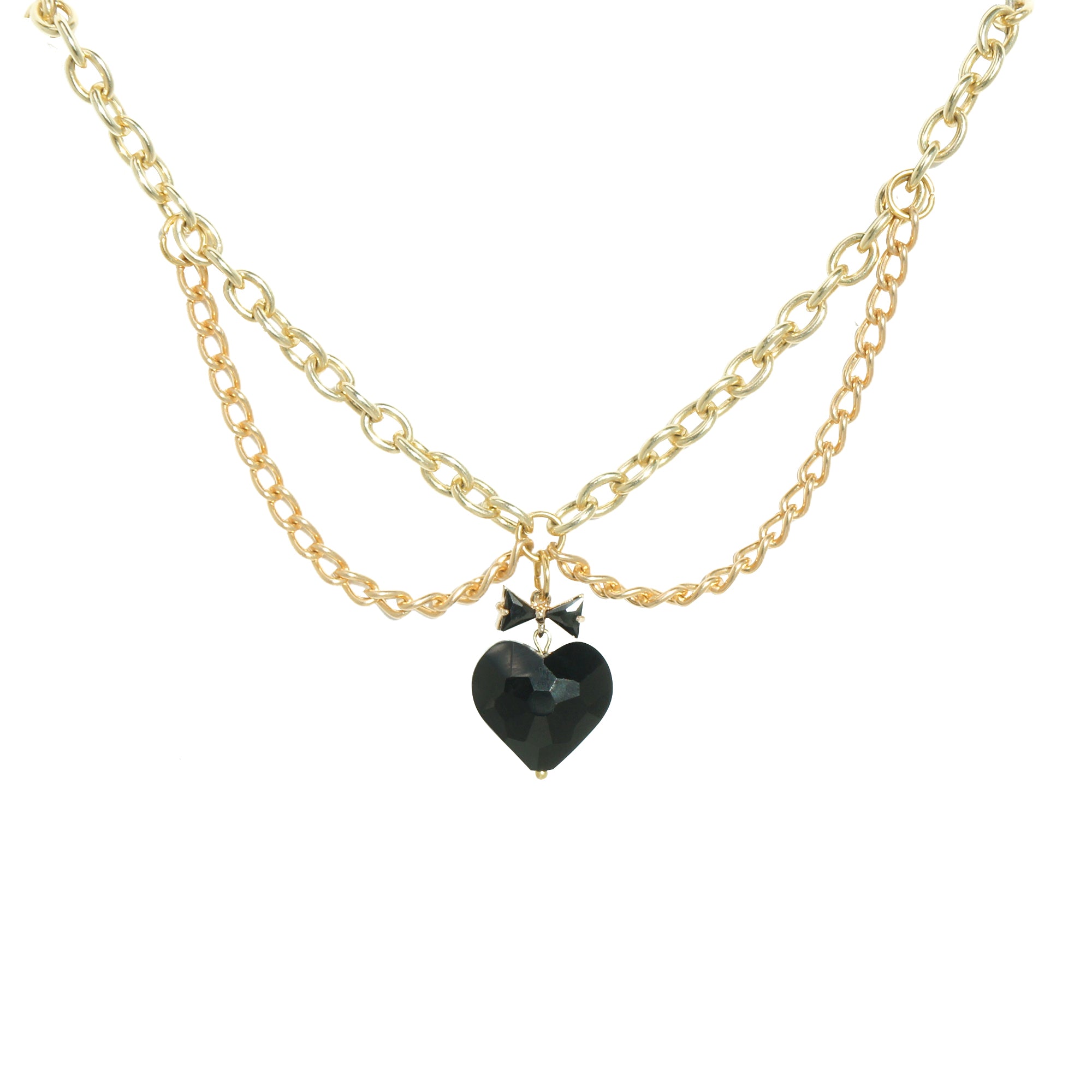 Whisper of Heart Chain Choker Necklace with Black Faceted Glass Heart Pendant