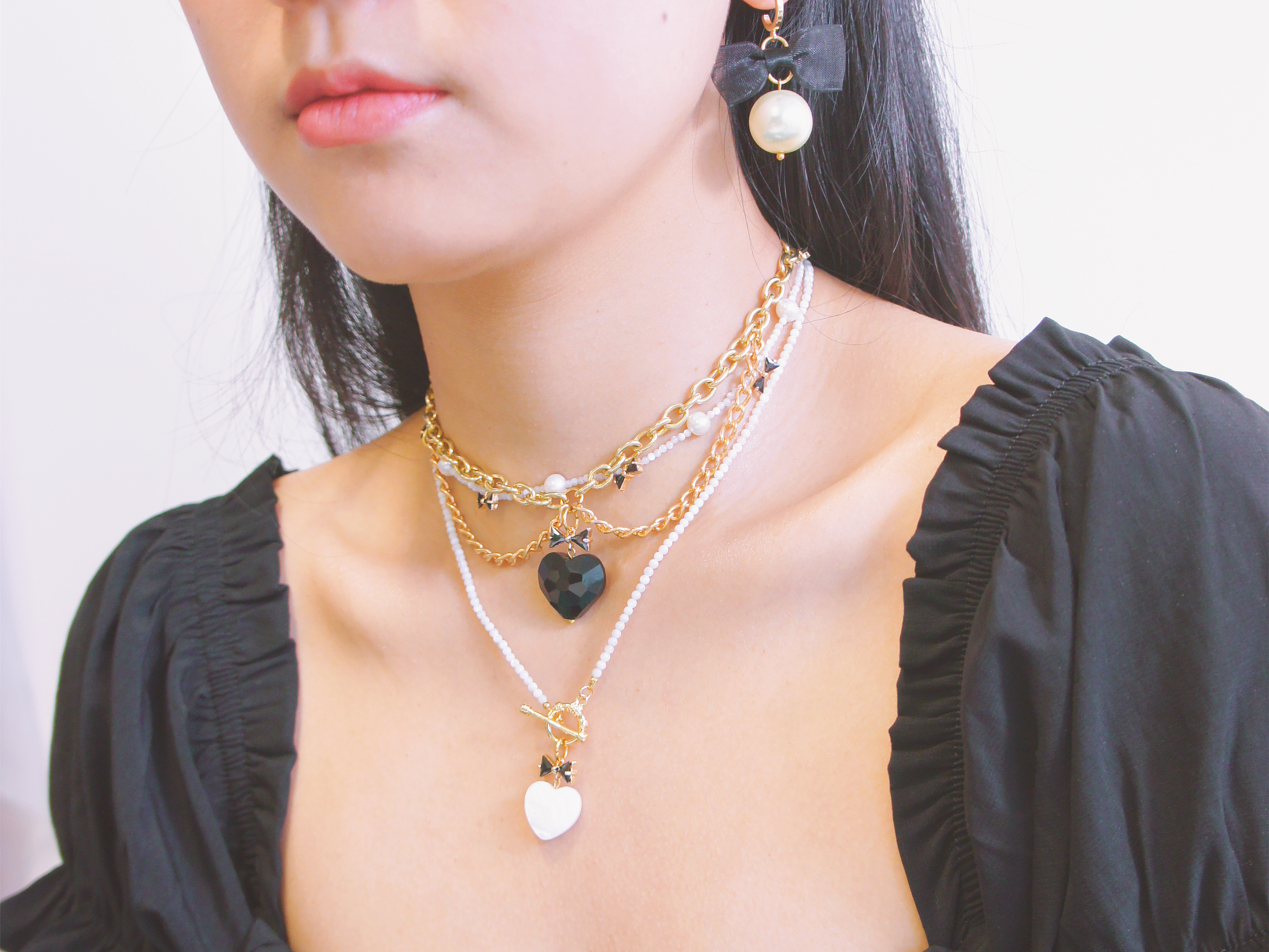 Whisper of Heart Chain Choker Necklace with Black Faceted Glass Heart Pendant