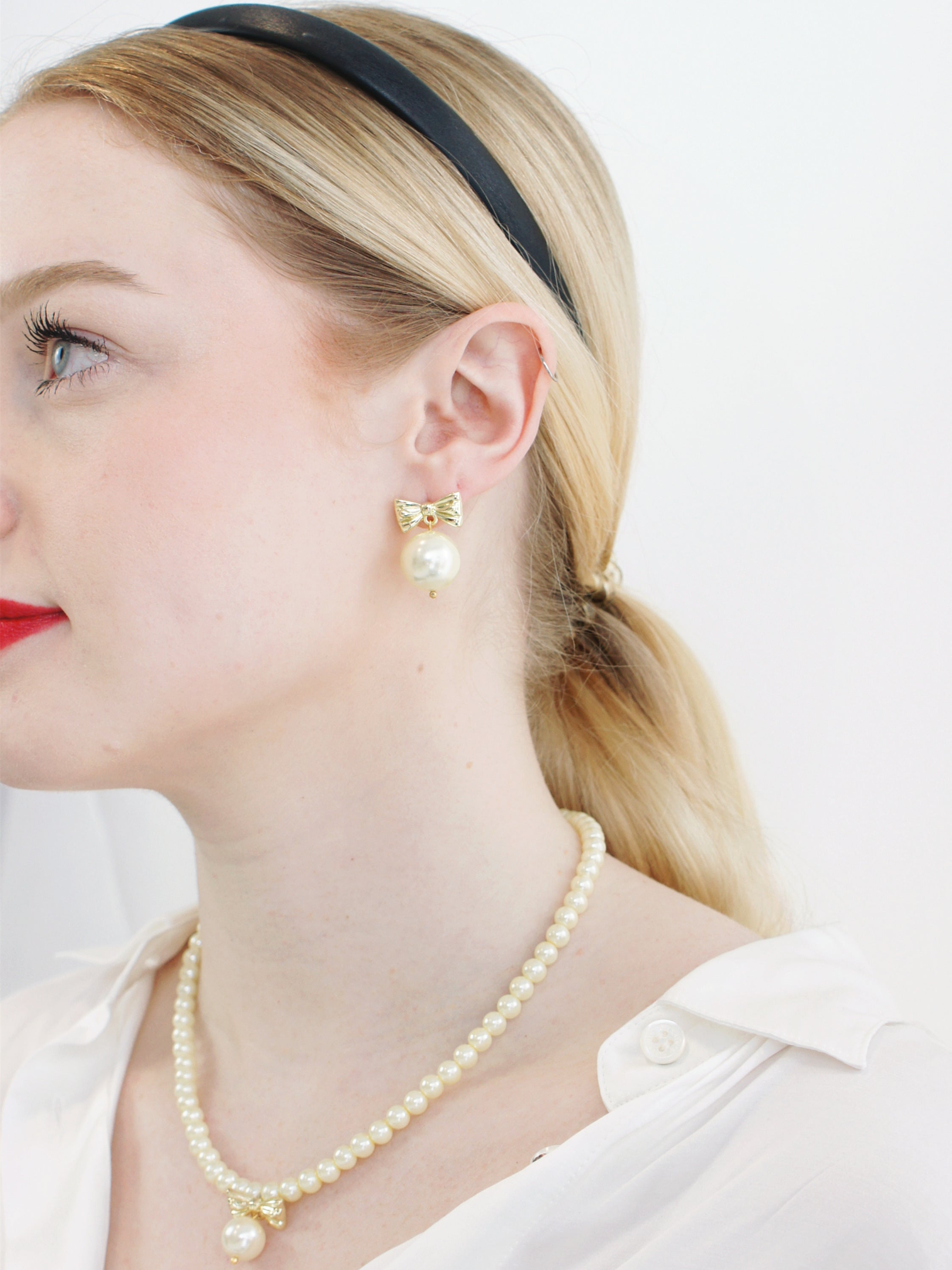 Ballerina Golden Bow and Pearl Drop Earrings