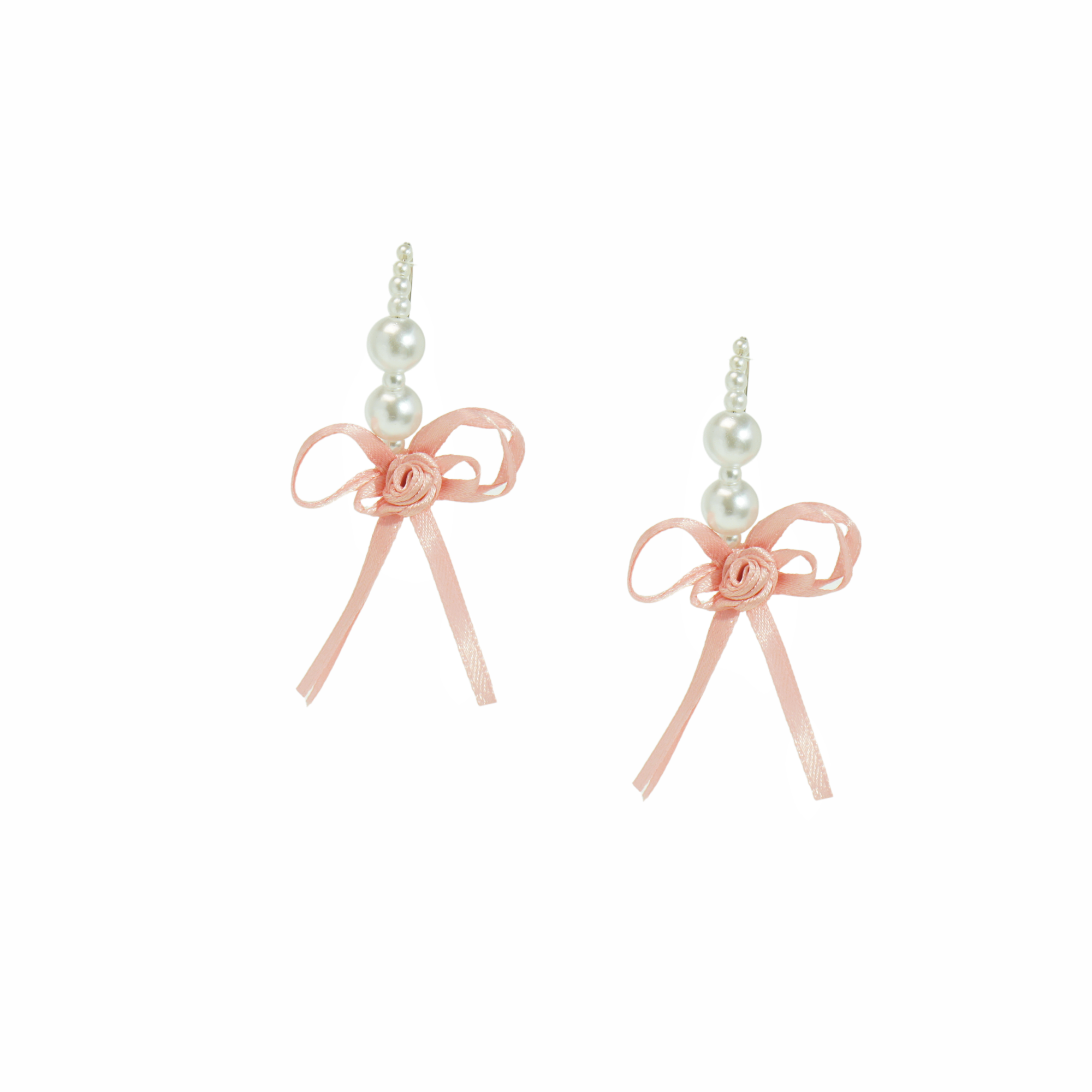 Ballerina Satin Ribbon Bow Flower Pearl Embellished  Hook Earrings