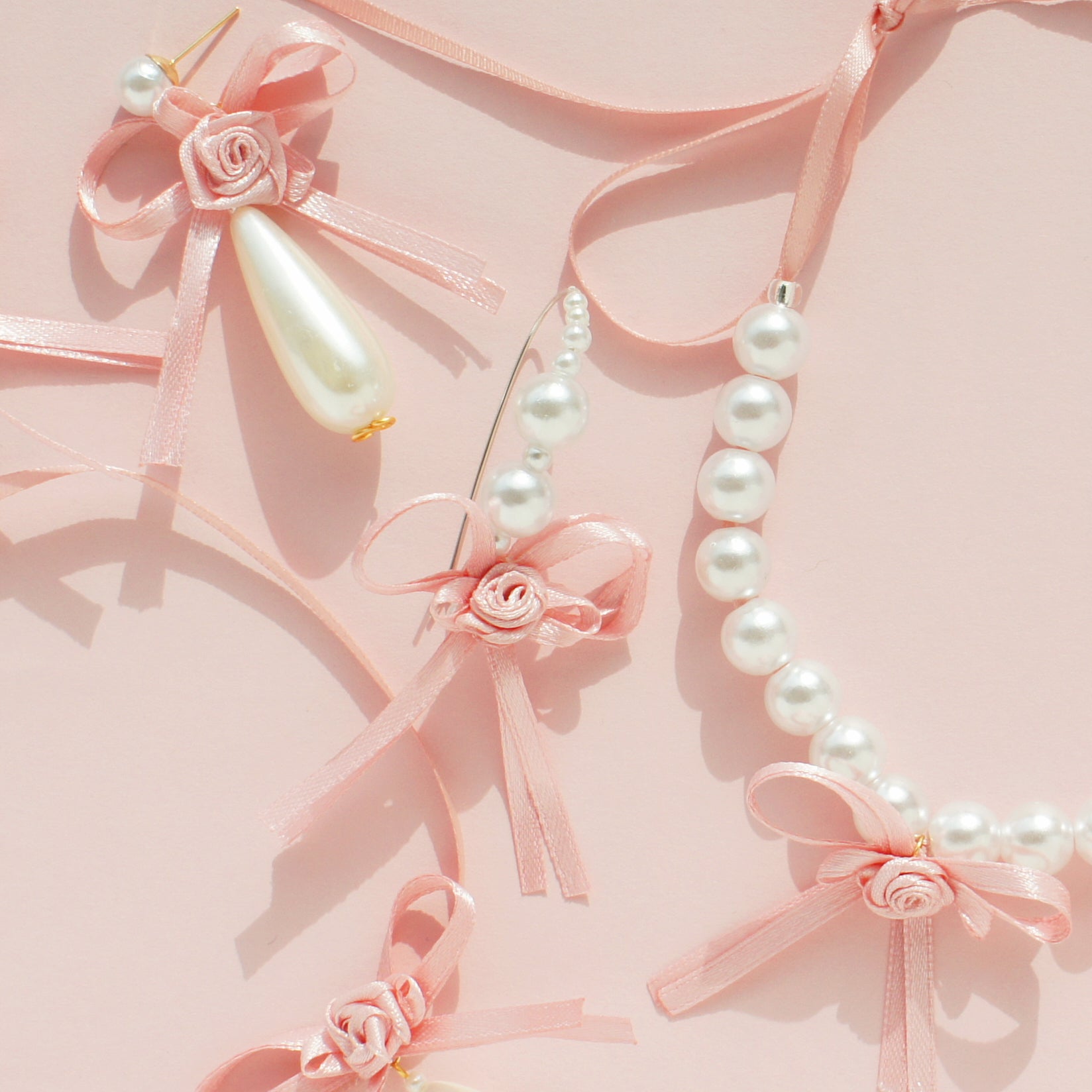 Ballerina Satin Ribbon Bow Flower Pearl Embellished  Hook Earrings