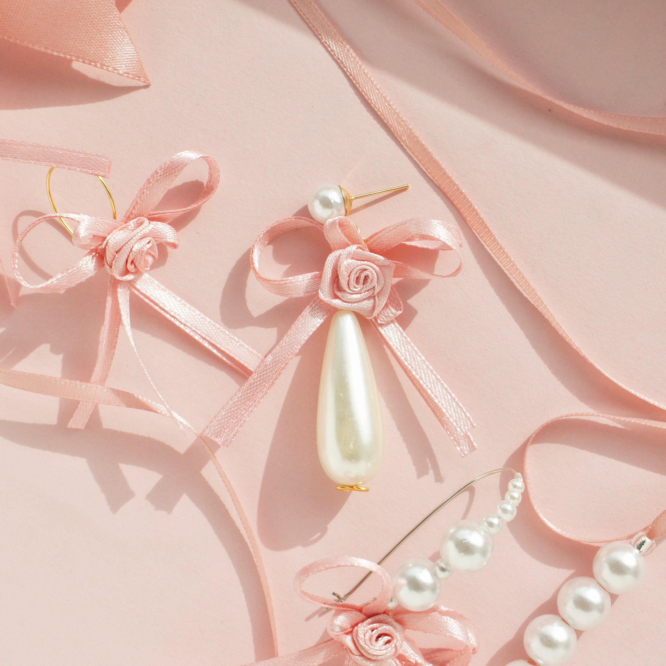 Ballerina Satin Ribbon Bow Flower and Teardrop Pearl Earrings