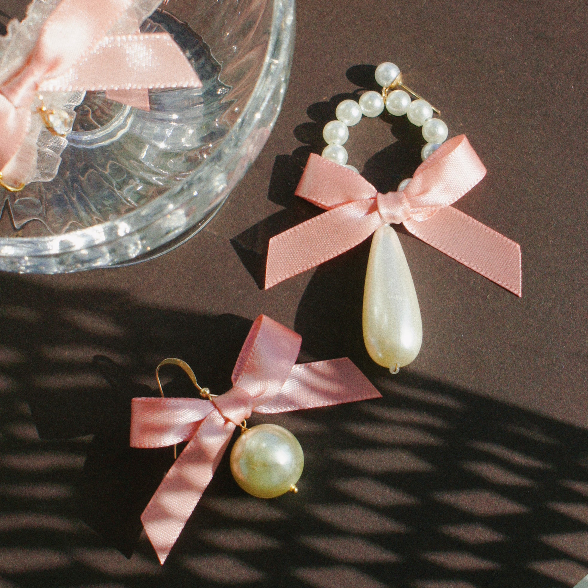 Ballerina Round Pearl Drop Earrings with Satin Ribbon Bow