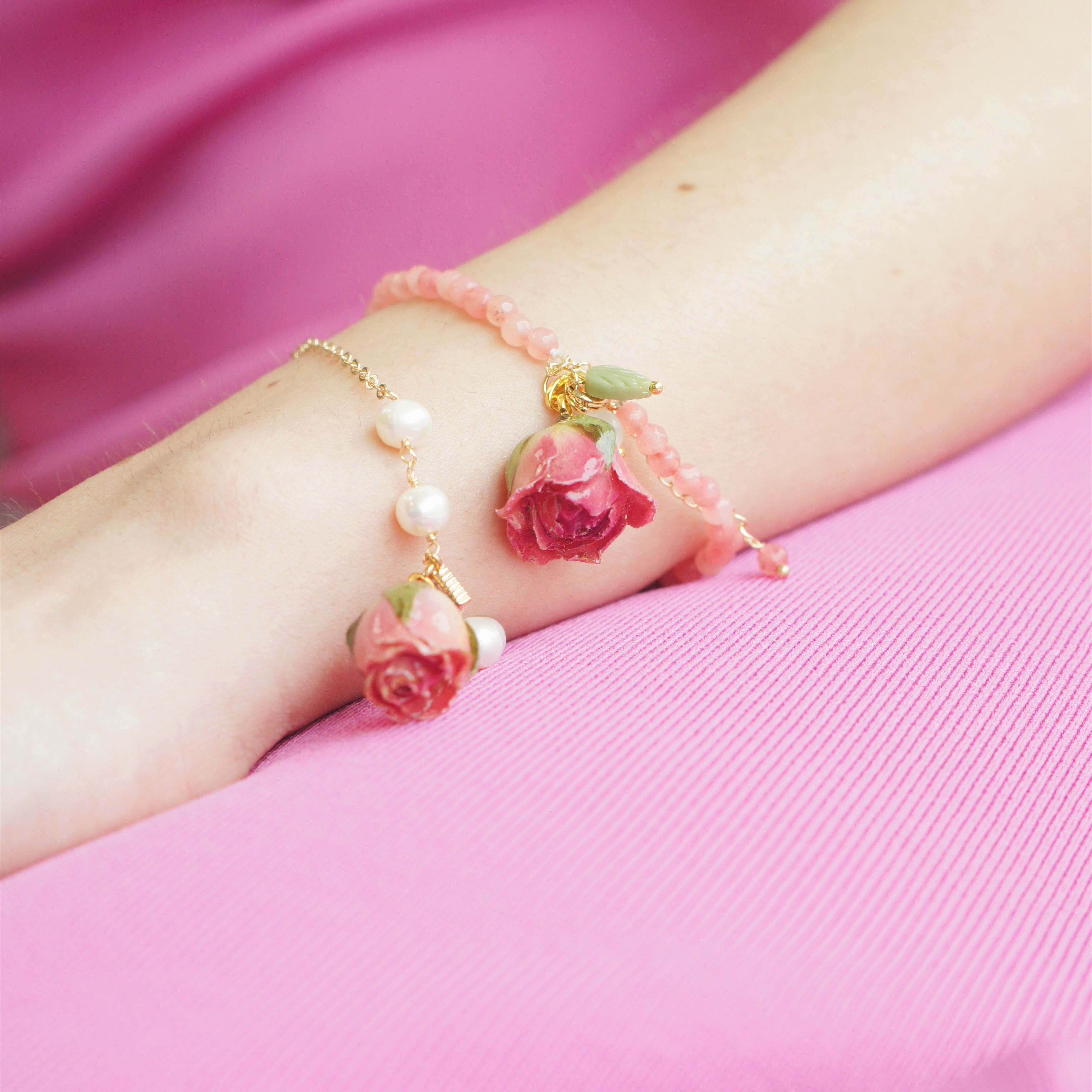 Bella Rosa Pink Jade Beaded Bracelet with Pink Rosebud