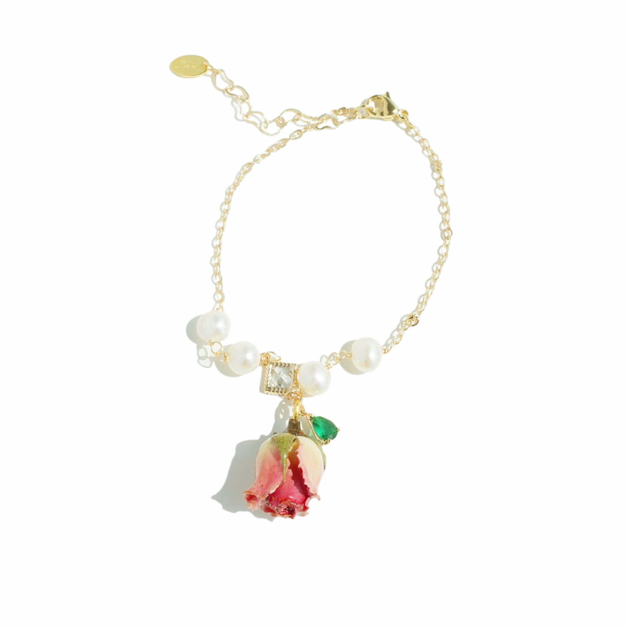Bella Rosa Rosebud Bracelet with Green Crystal and Freshwater Pearl
