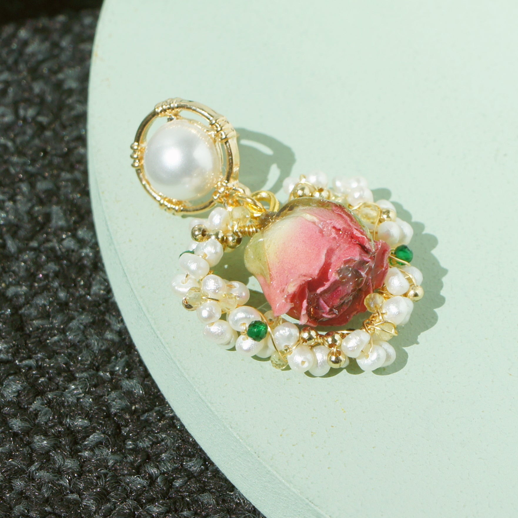 *REAL FLOWER* Bella Rosa Freshwater Pearl and Gemstone Heart Drop Earrings with Rosebud