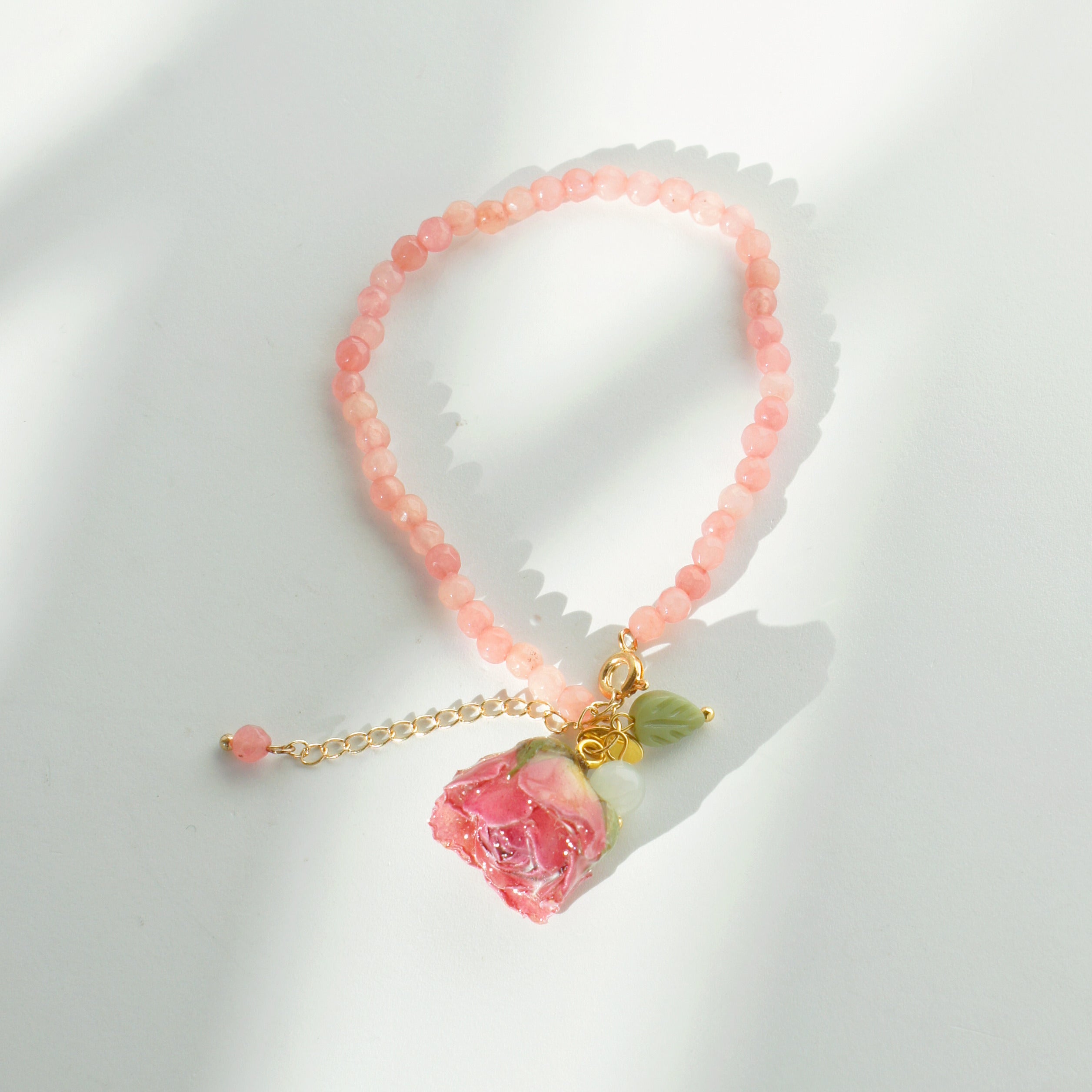 Bella Rosa Pink Jade Beaded Bracelet with Pink Rosebud