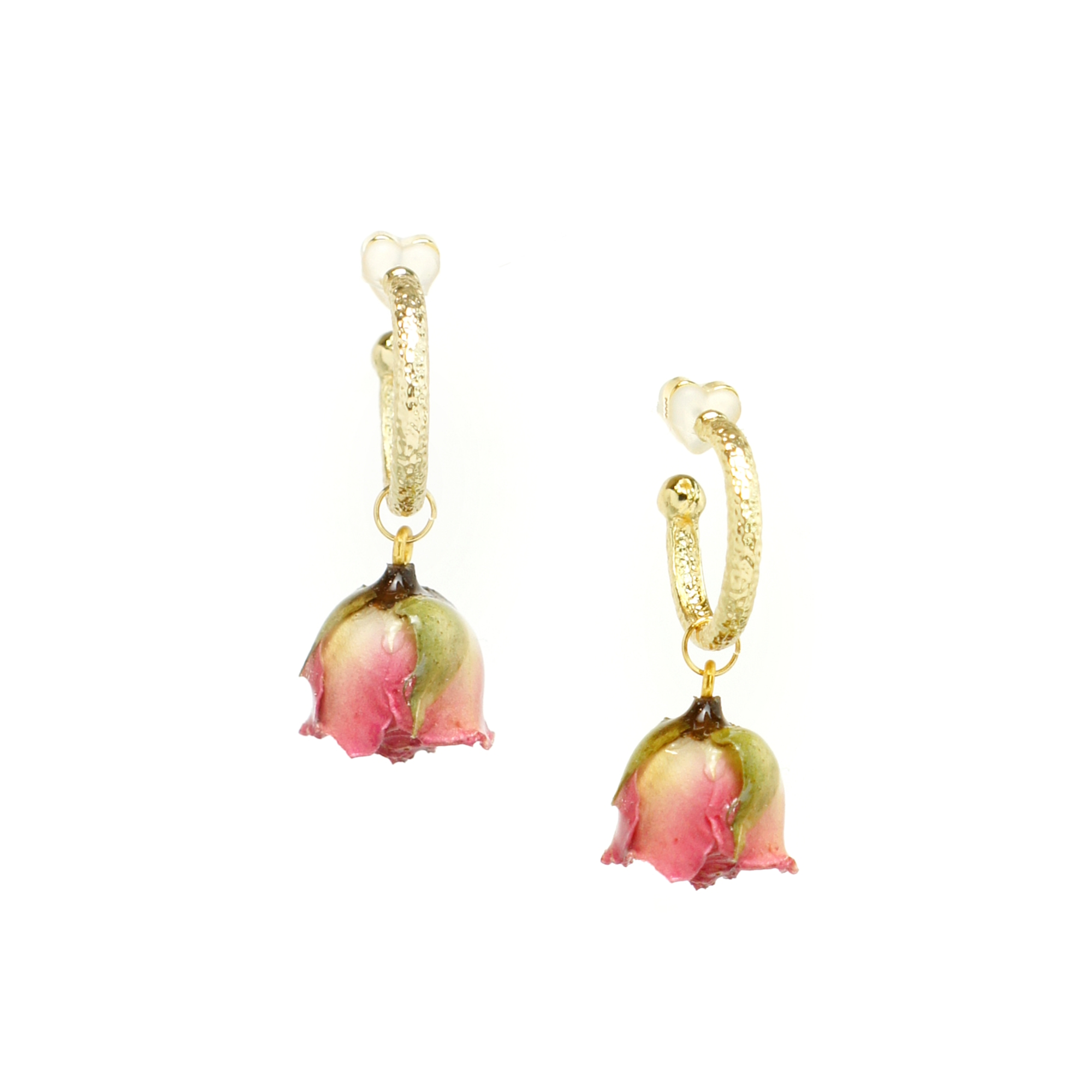 *REAL FLOWER* Ingrid Detachable Rosebud Drop on Golden Hoop Earrings