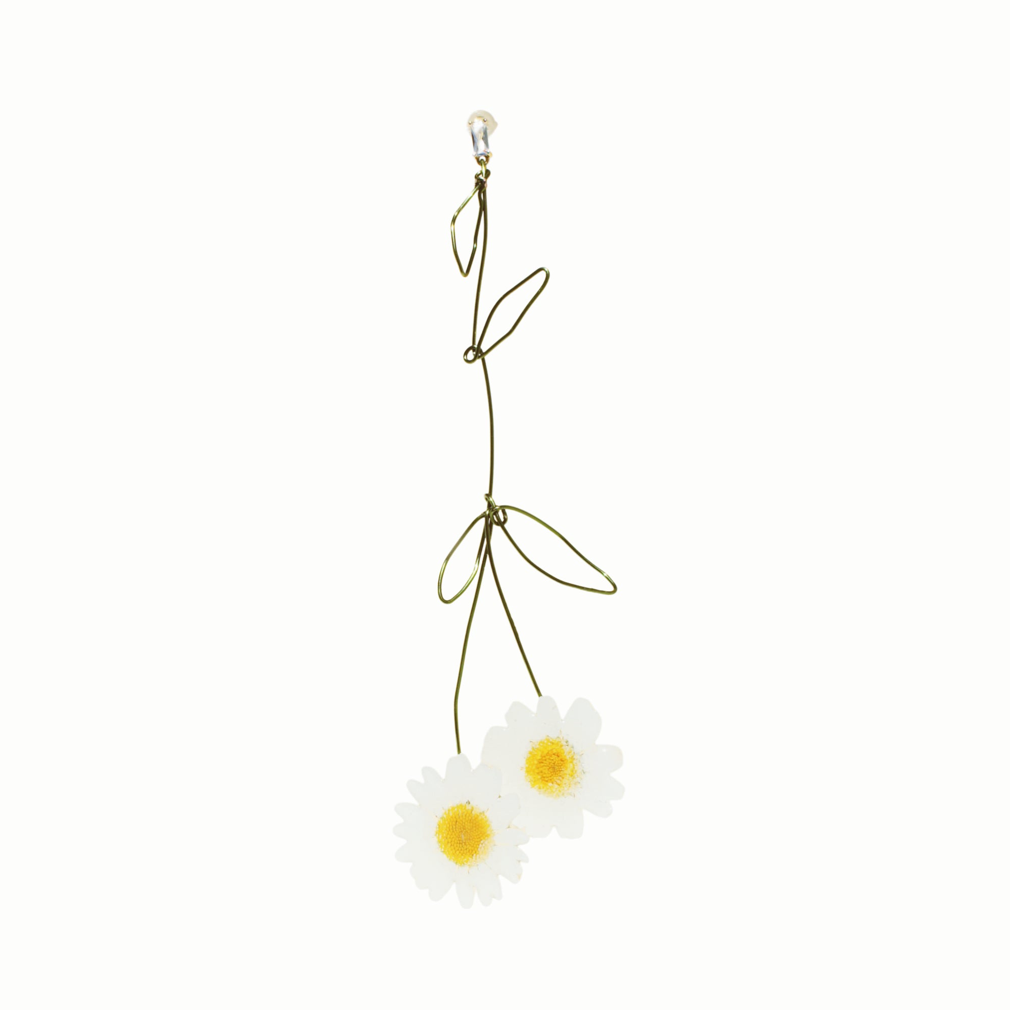 *REAL FLOWER* Single Daisy Earring w Wired Stem & Leaves