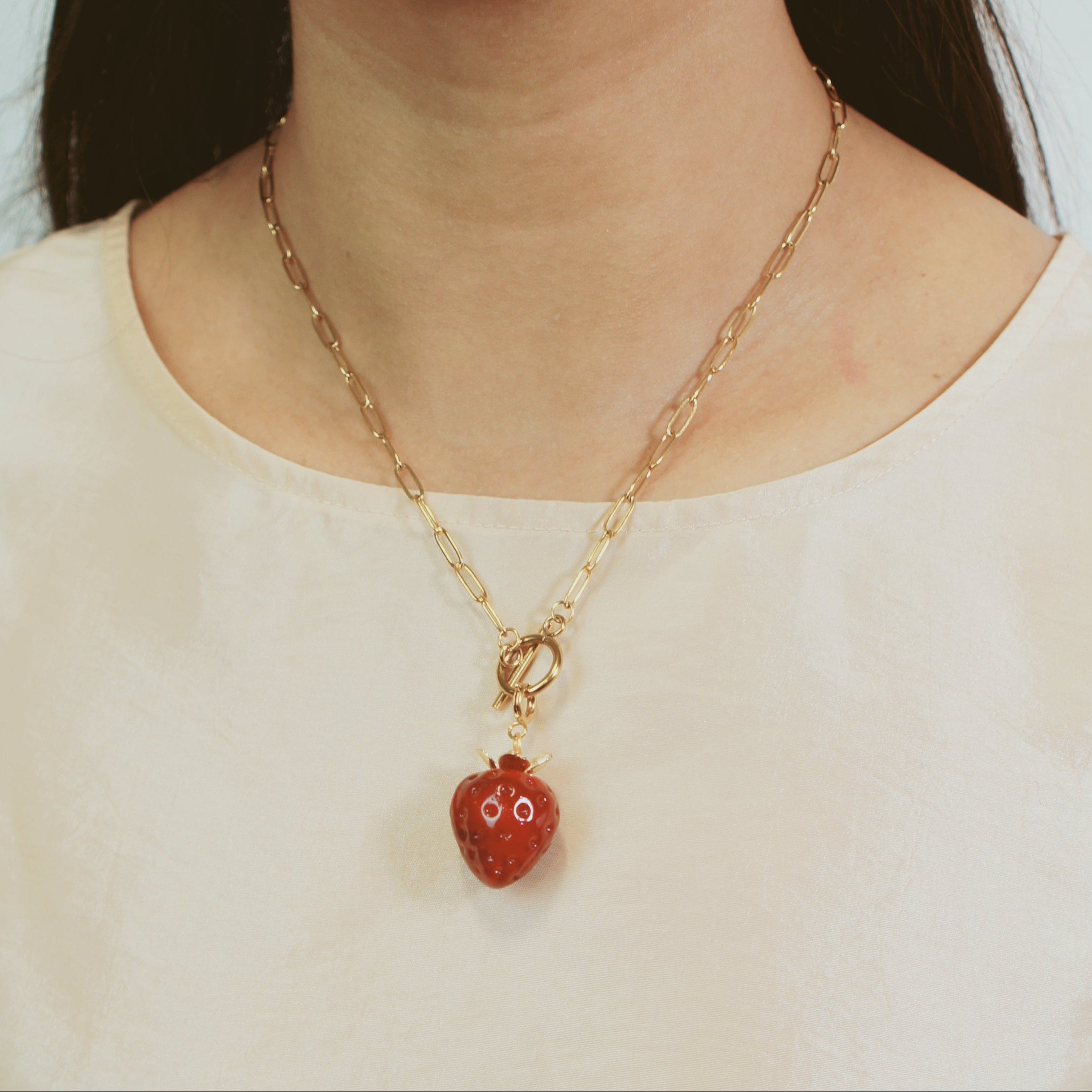 Strawberry Fields Golden Chain Necklace With Detachable Jumbo Glass Strawberry Pendant