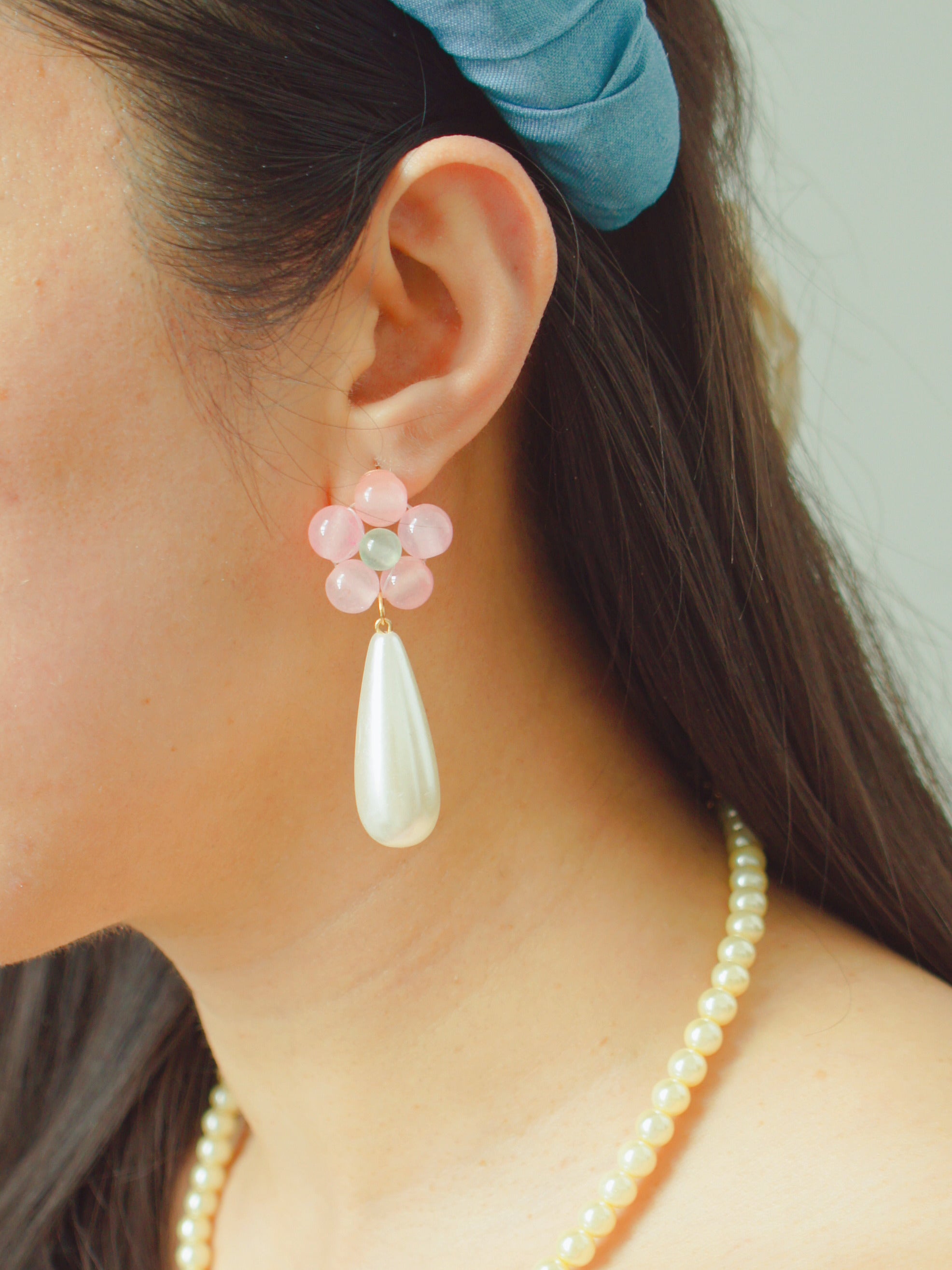 Hana Beaded Gemstone Flower and Long Pearl Drop Earrings