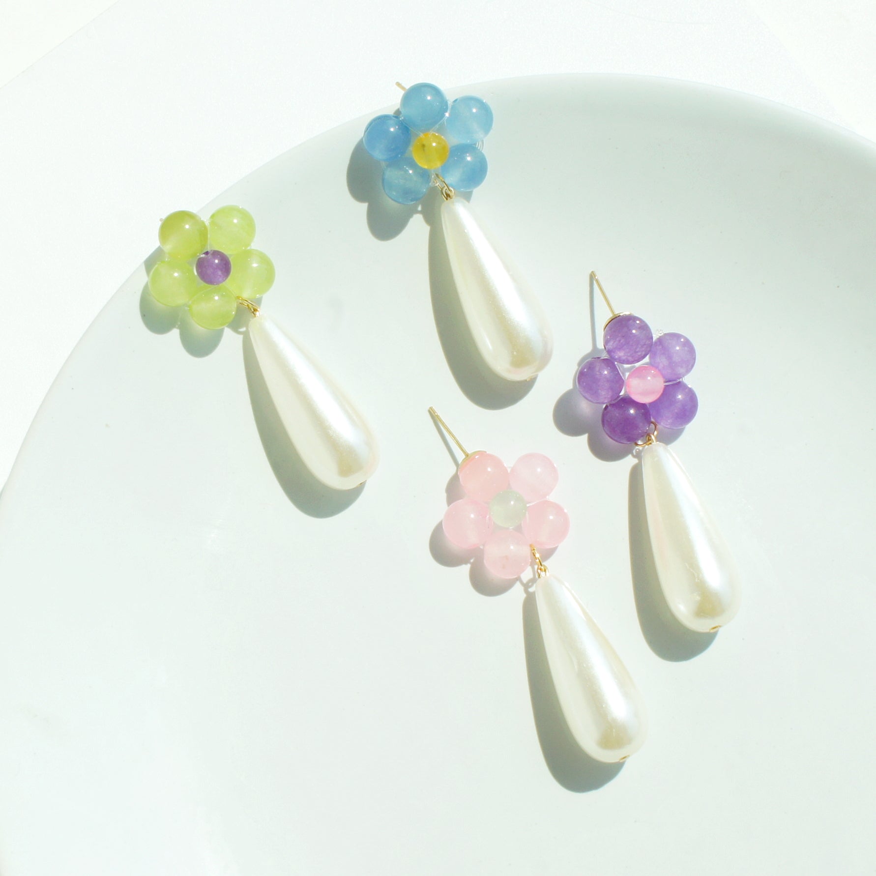 Hana Beaded Gemstone Flower and Long Pearl Drop Earrings