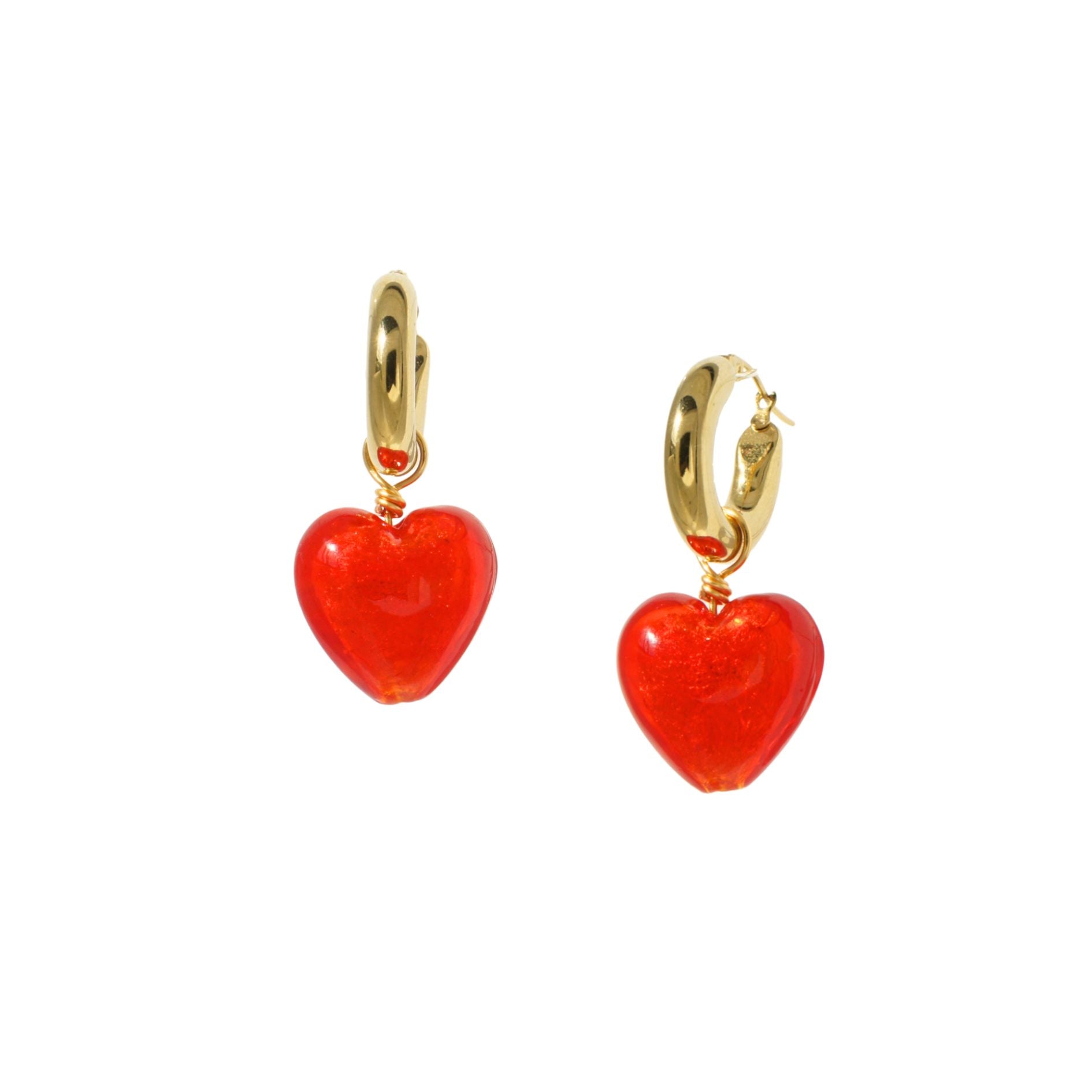 Whisper of Heart Chunky Golden Hoop Earrings with Detachable Lampwork Heart Charm