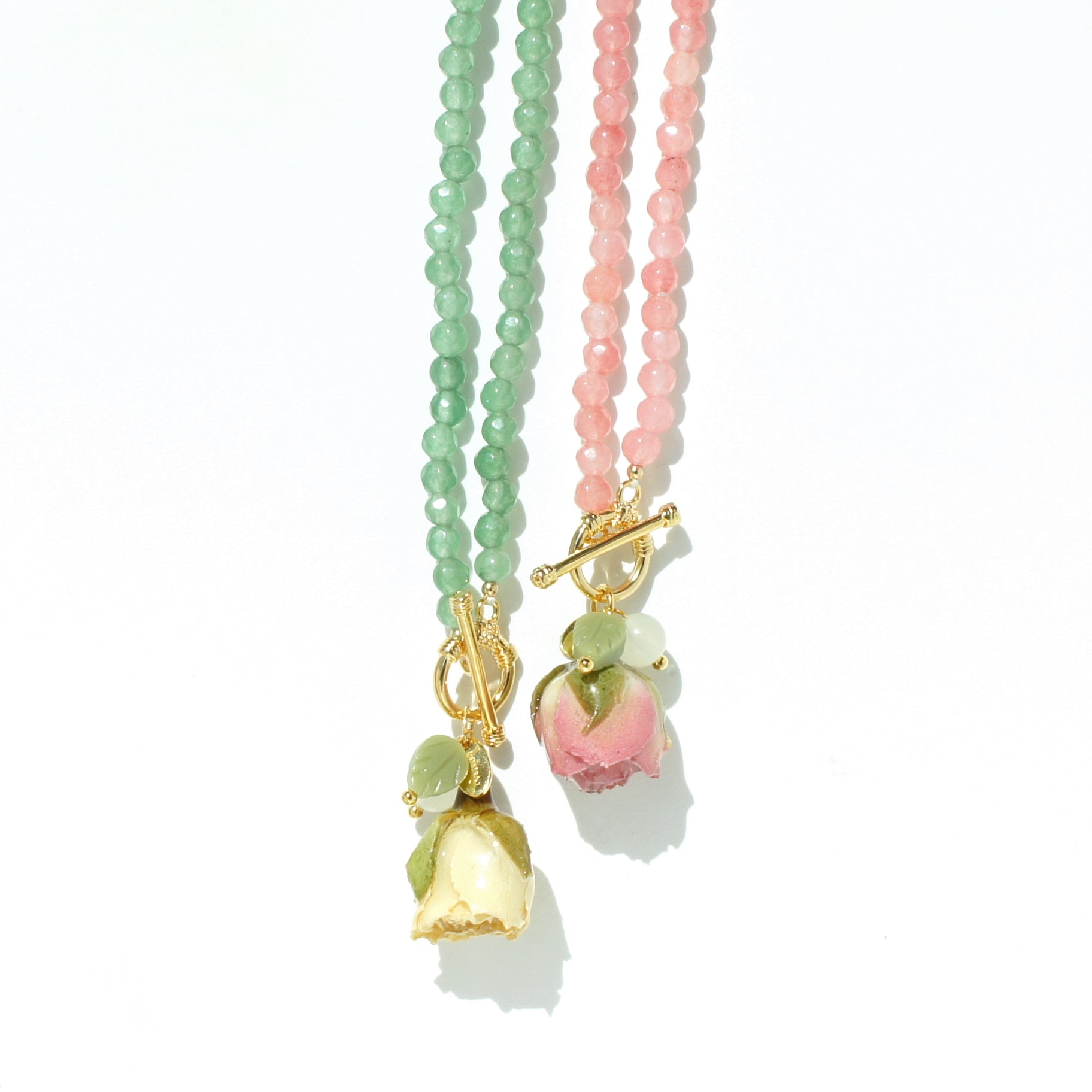 *REAL FLOWER* Bella Rosa Rosebud and Pink Jade Gem Necklace