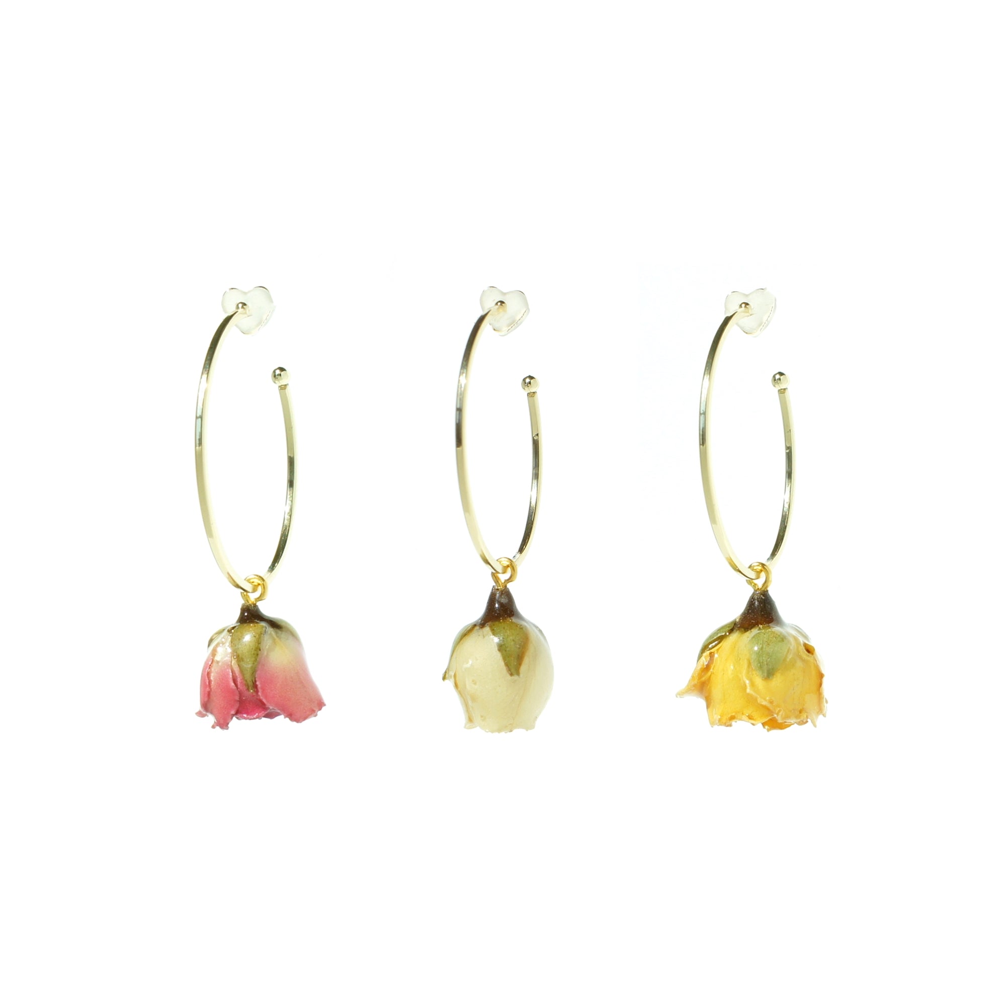 *REAL FLOWER* Ingrid Golden Hoop and Rosebud Drop Earrings