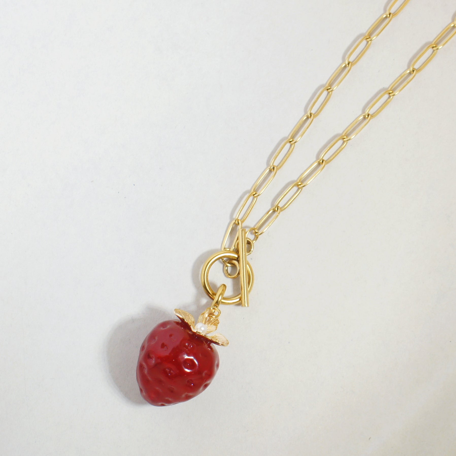 Strawberry Fields Golden Chain Necklace With Detachable Jumbo Glass Strawberry Pendant