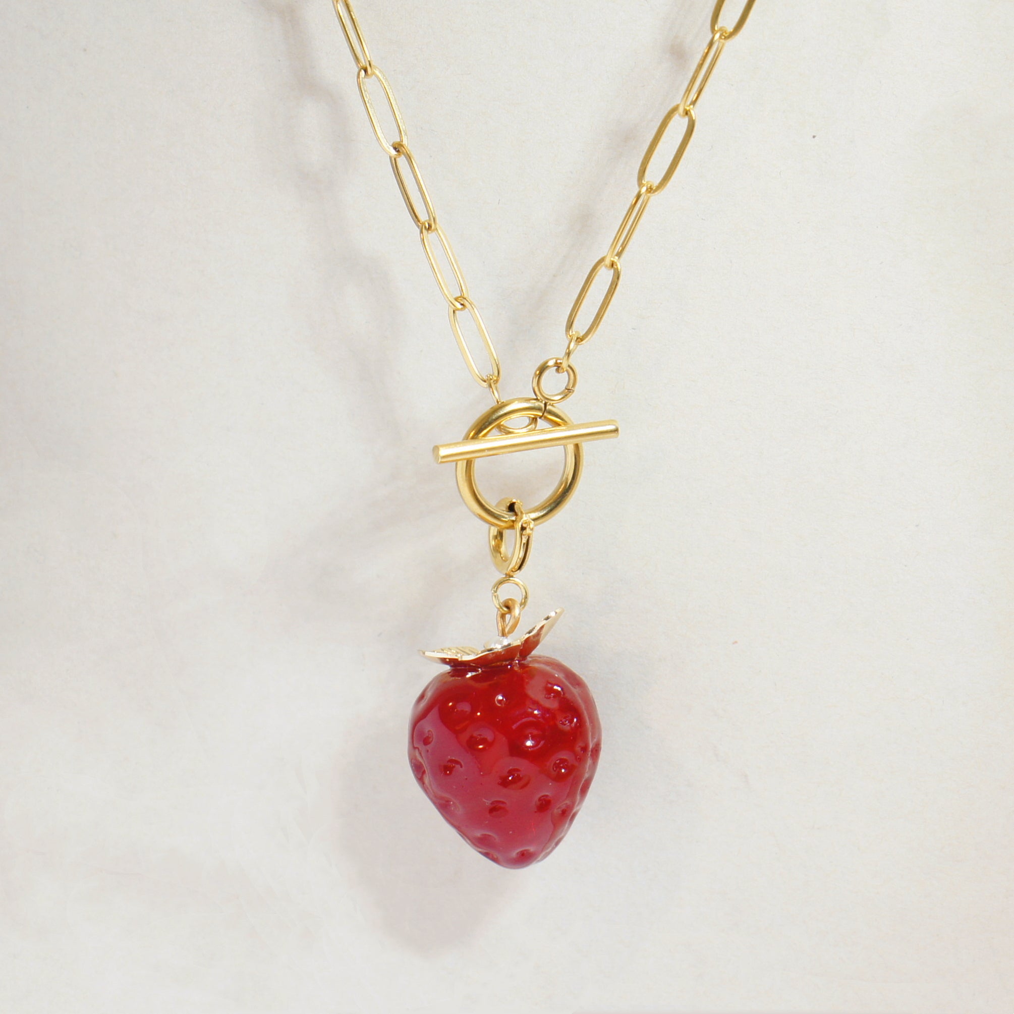 Strawberry Fields Golden Chain Necklace With Detachable Jumbo Glass Strawberry Pendant