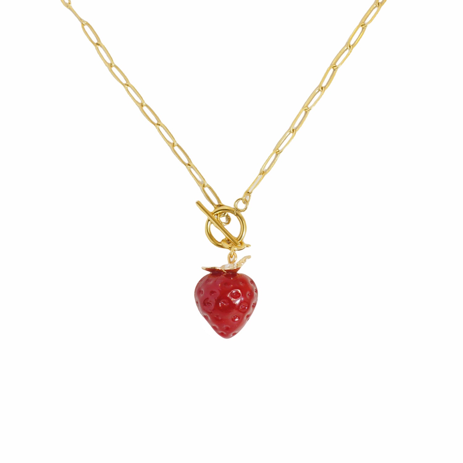Strawberry Fields Golden Chain Necklace With Detachable Jumbo Glass Strawberry Pendant