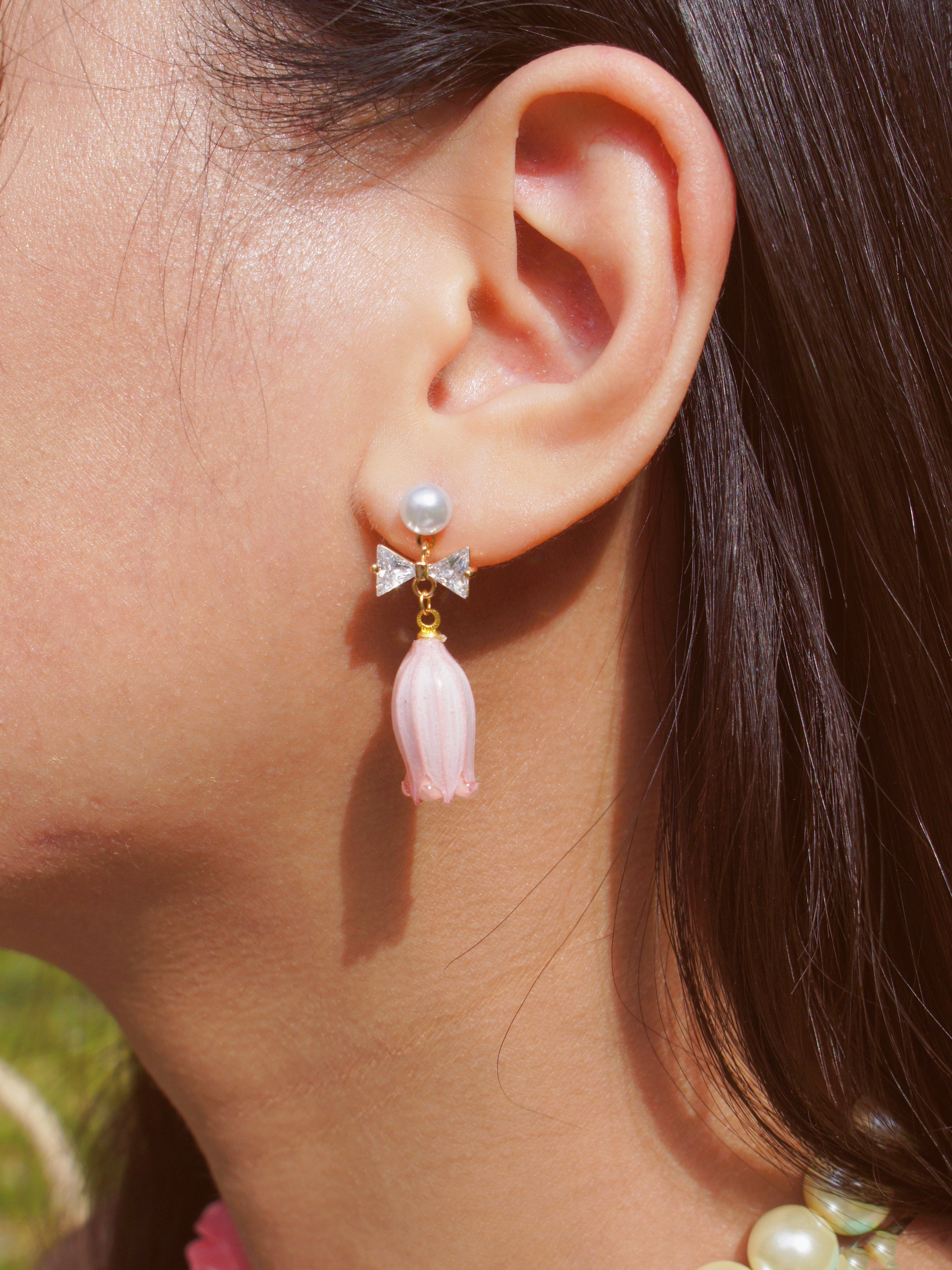 *REAL FLOWER* Lilian Lily of the Valley Flower Drop Earrings with Pearl Studs and Crystal Bow