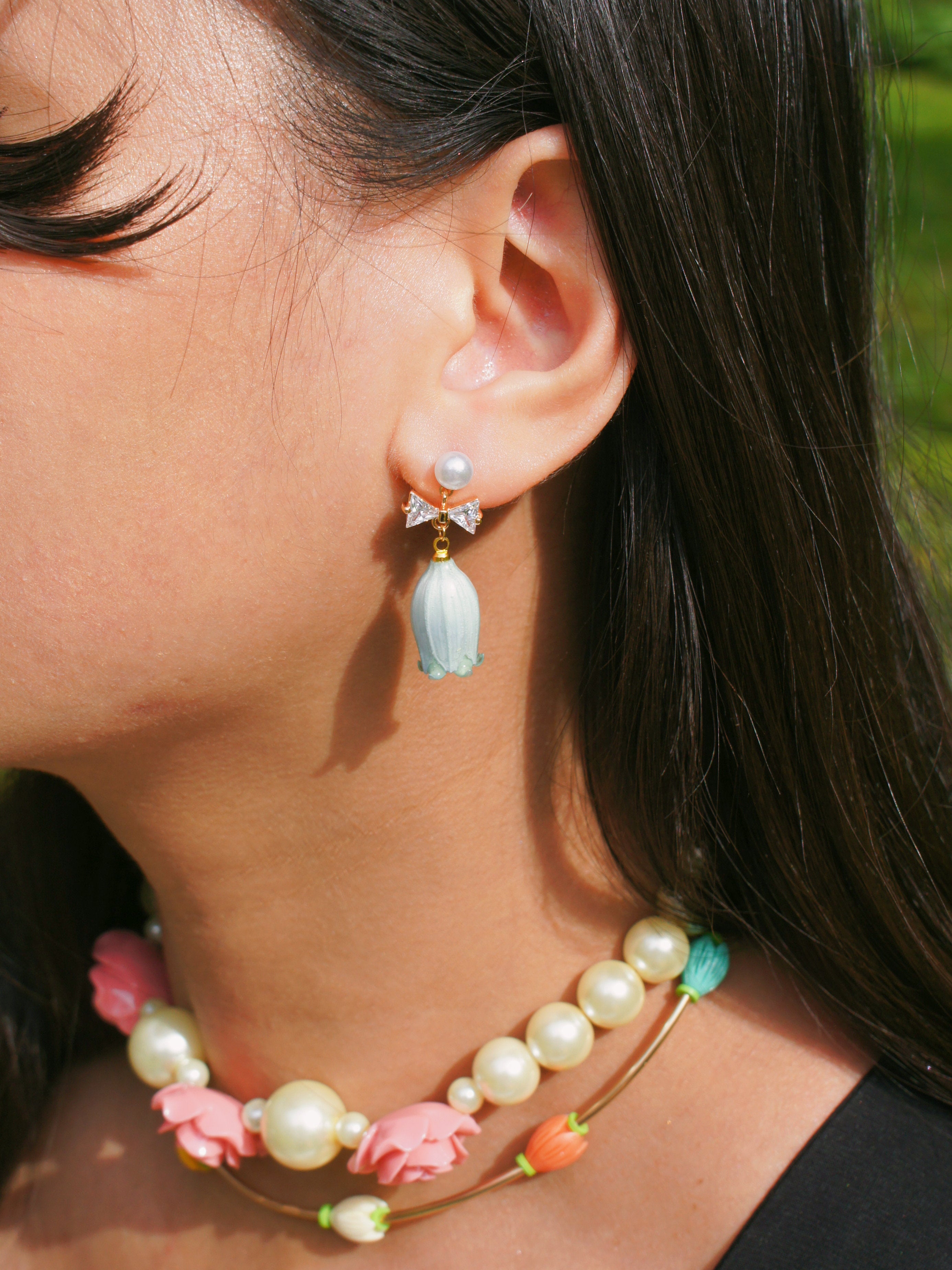 *REAL FLOWER* Lilian Lily of the Valley Flower Drop Earrings with Pearl Studs and Crystal Bow