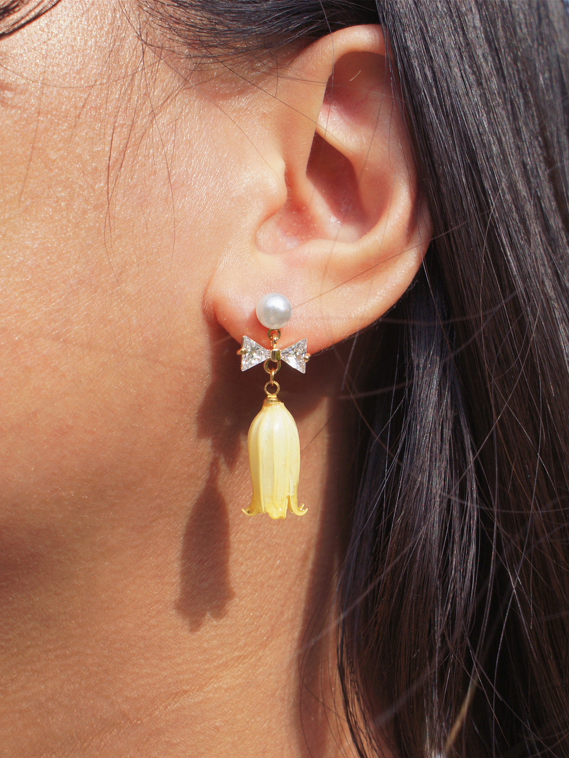 *REAL FLOWER* Lilian Lily of the Valley Flower Drop Earrings with Pearl Studs and Crystal Bow