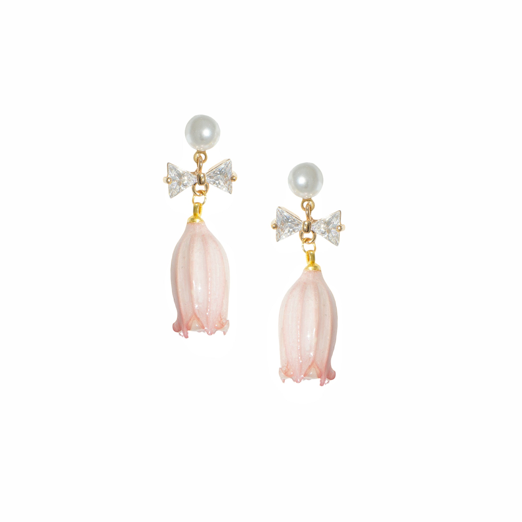 *REAL FLOWER* Lilian Lily of the Valley Flower Drop Earrings with Pearl Studs and Crystal Bow
