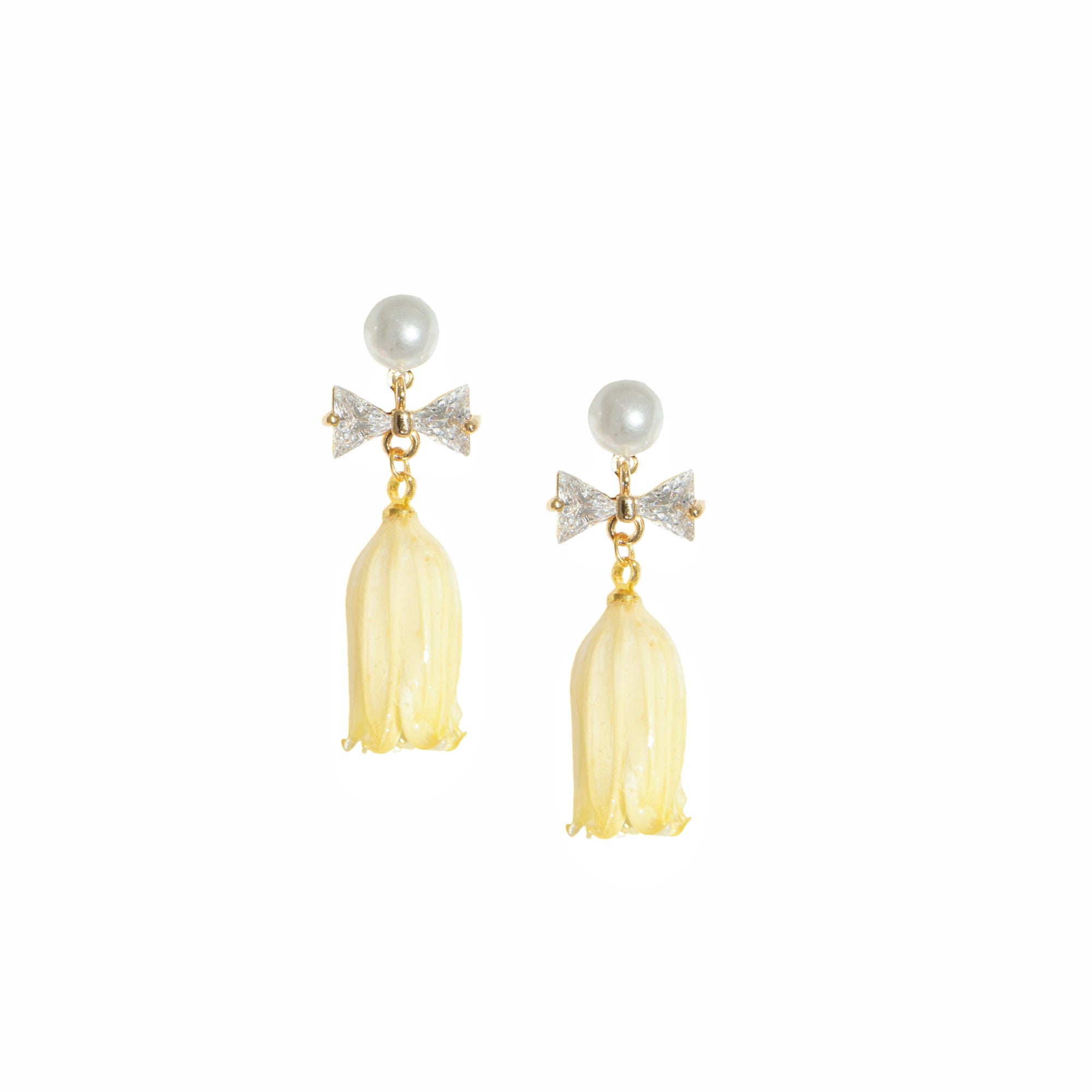 *REAL FLOWER* Lilian Lily of the Valley Flower Drop Earrings with Pearl Studs and Crystal Bow