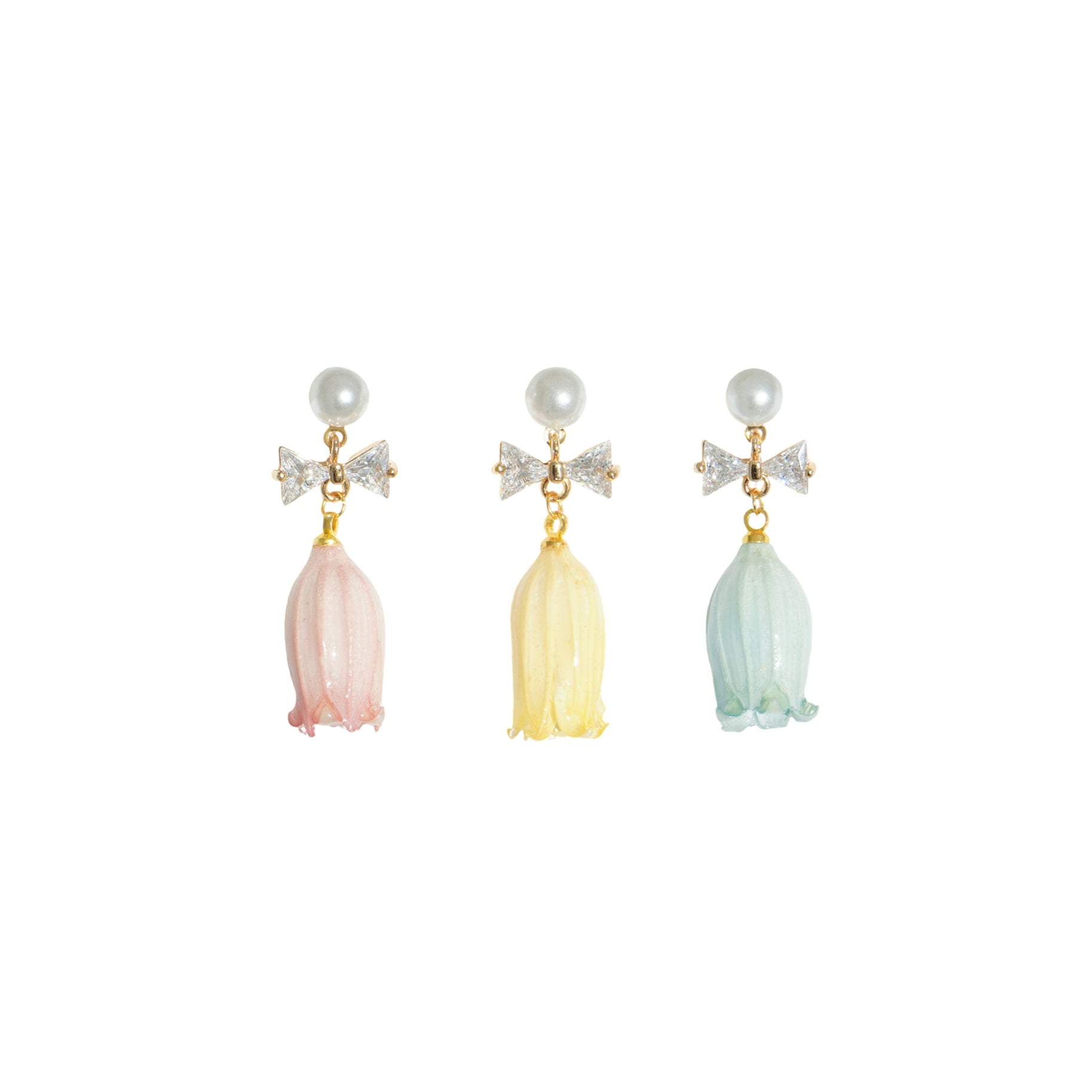*REAL FLOWER* Lilian Lily of the Valley Flower Drop Earrings with Pearl Studs and Crystal Bow