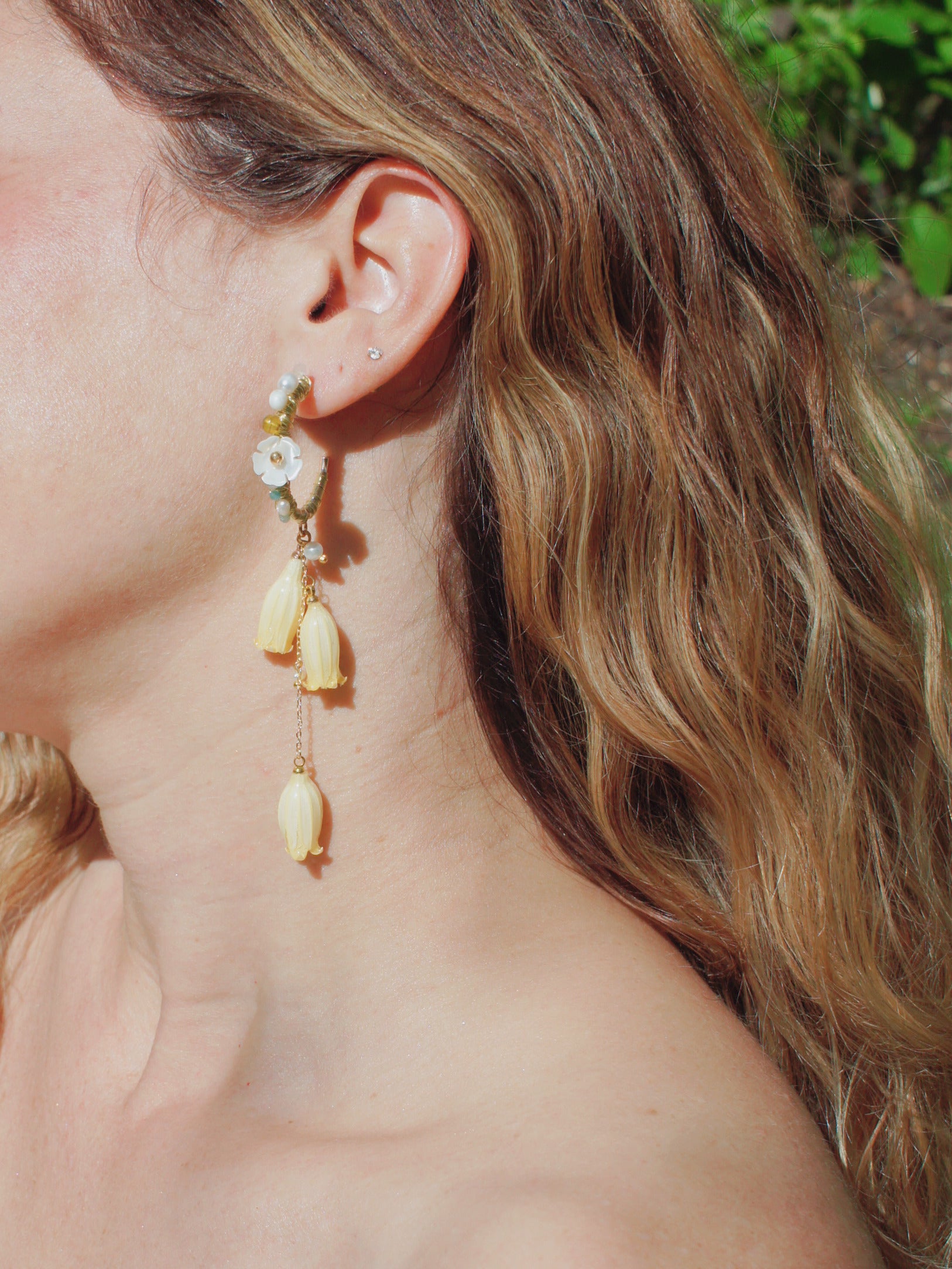 *REAL FLOWER* Lilian Lily of the Valley Triple Flower Hoop Earrings with Freshwater Pearl, Gemstone and Mother of Pearl