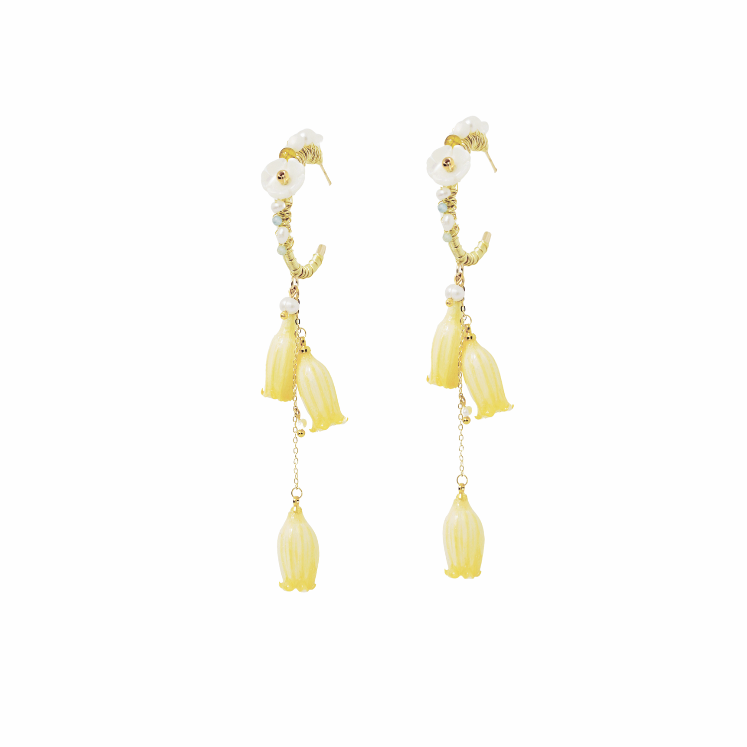 *REAL FLOWER* Lilian Lily of the Valley Triple Flower Hoop Earrings with Freshwater Pearl, Gemstone and Mother of Pearl