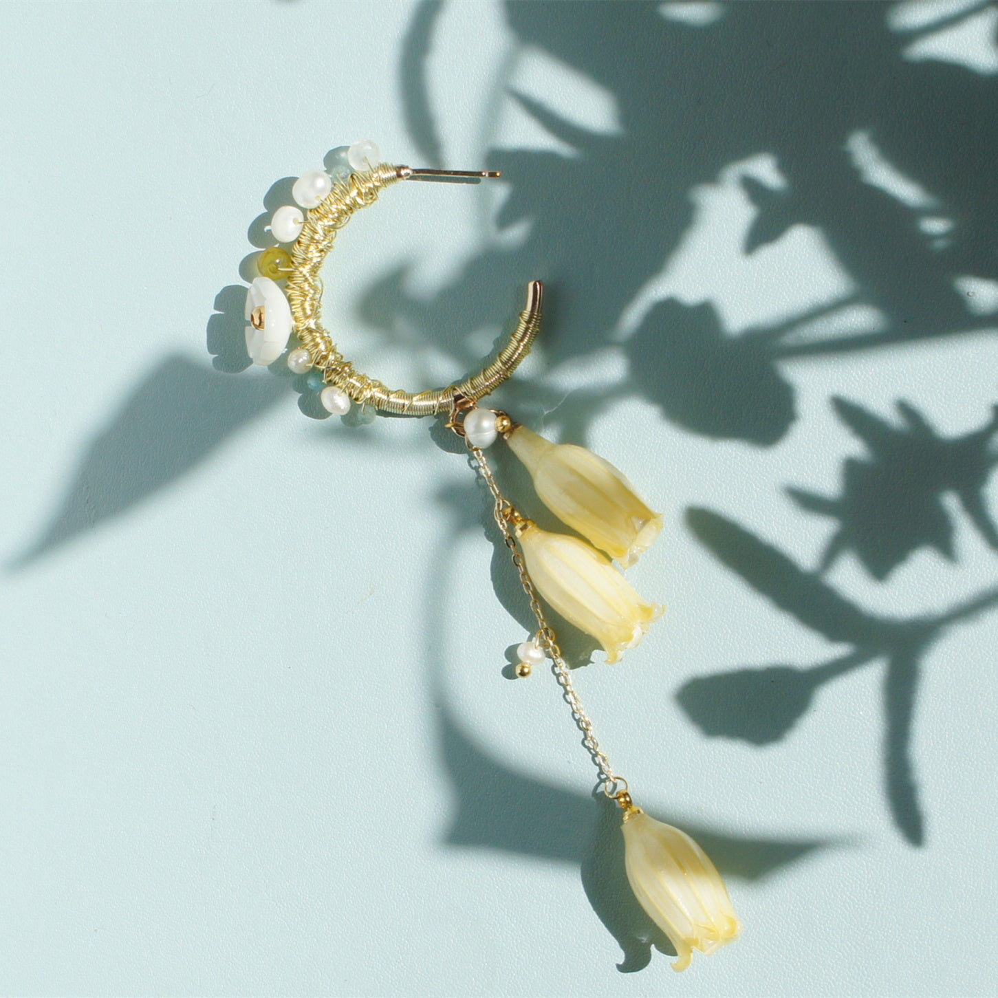 *REAL FLOWER* Lilian Lily of the Valley Triple Flower Hoop Earrings with Freshwater Pearl, Gemstone and Mother of Pearl