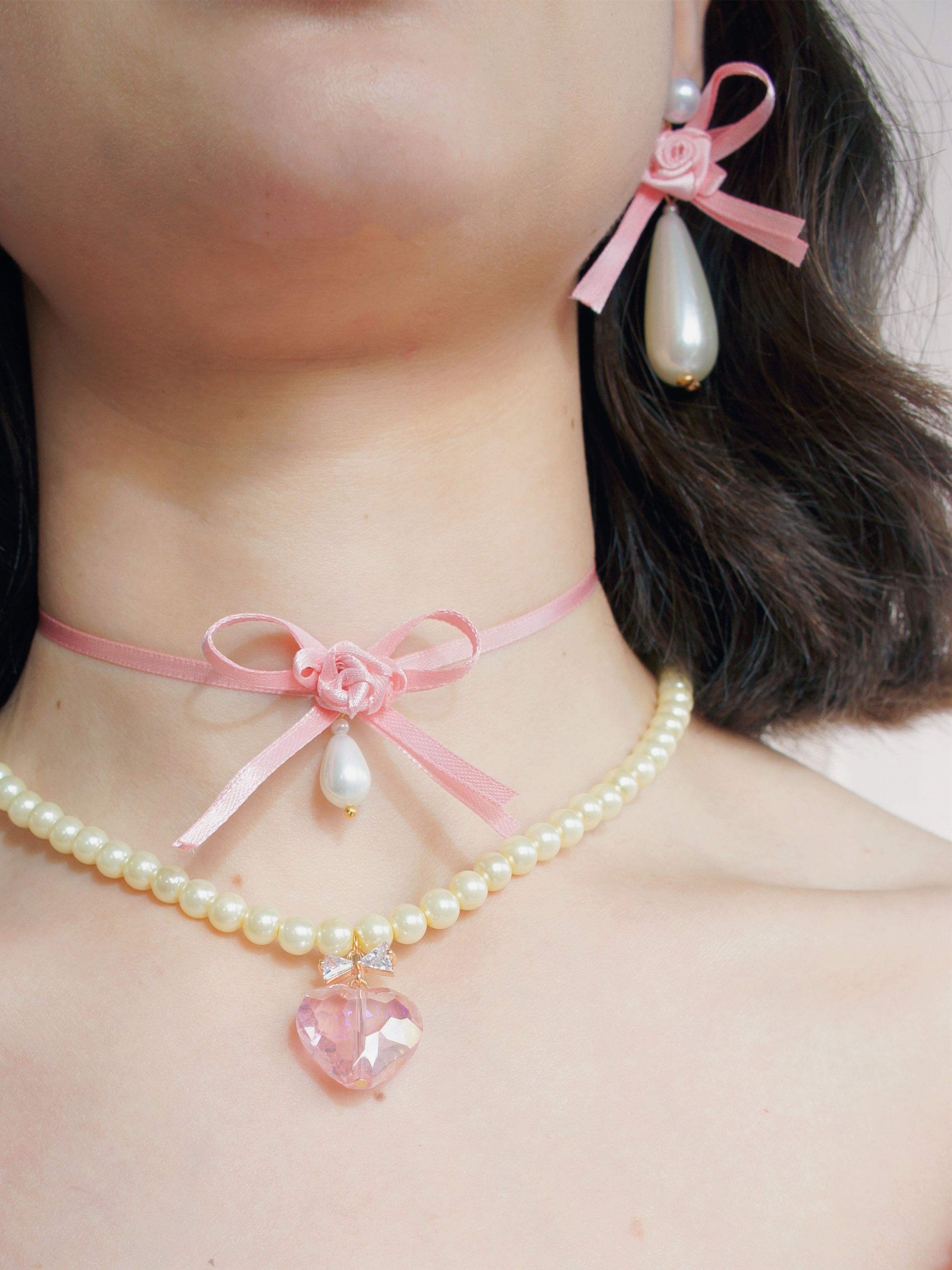 Ballerina Satin Ribbon Bow Flower Choker with Pearl Pendant, Length Adjustable