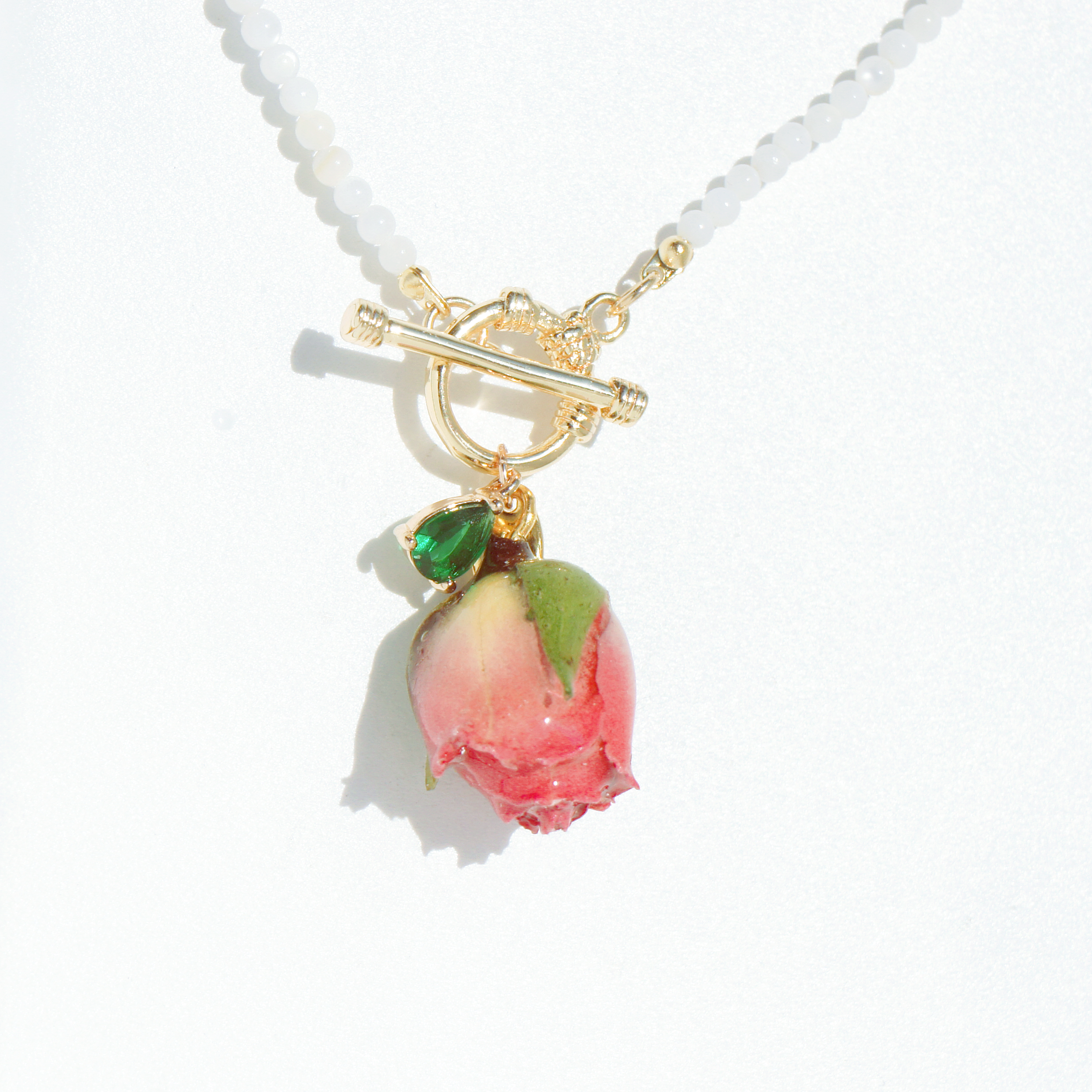 *REAL FLOWER* Bella Rosa Mother of Pearl Necklace with Pink Rosebud and Green Crystal