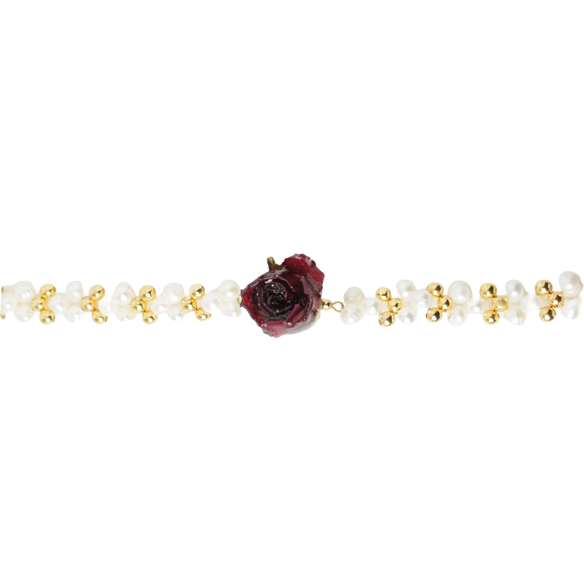 *REAL FLOWER* Grande Amore Braided Freshwater Pearl Choker Necklace with Red Rosebud
