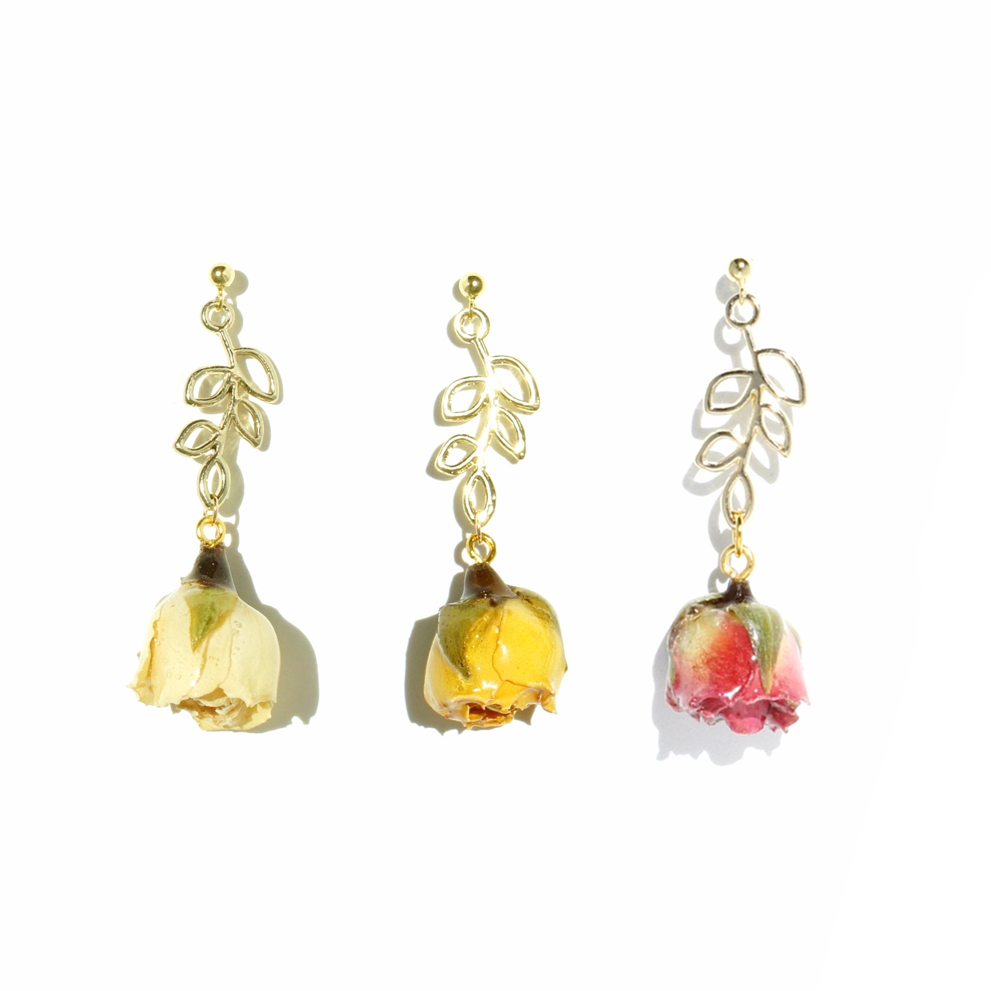 *REAL FLOWER* Ingrid Rosebud and Leaf Drop Earrings