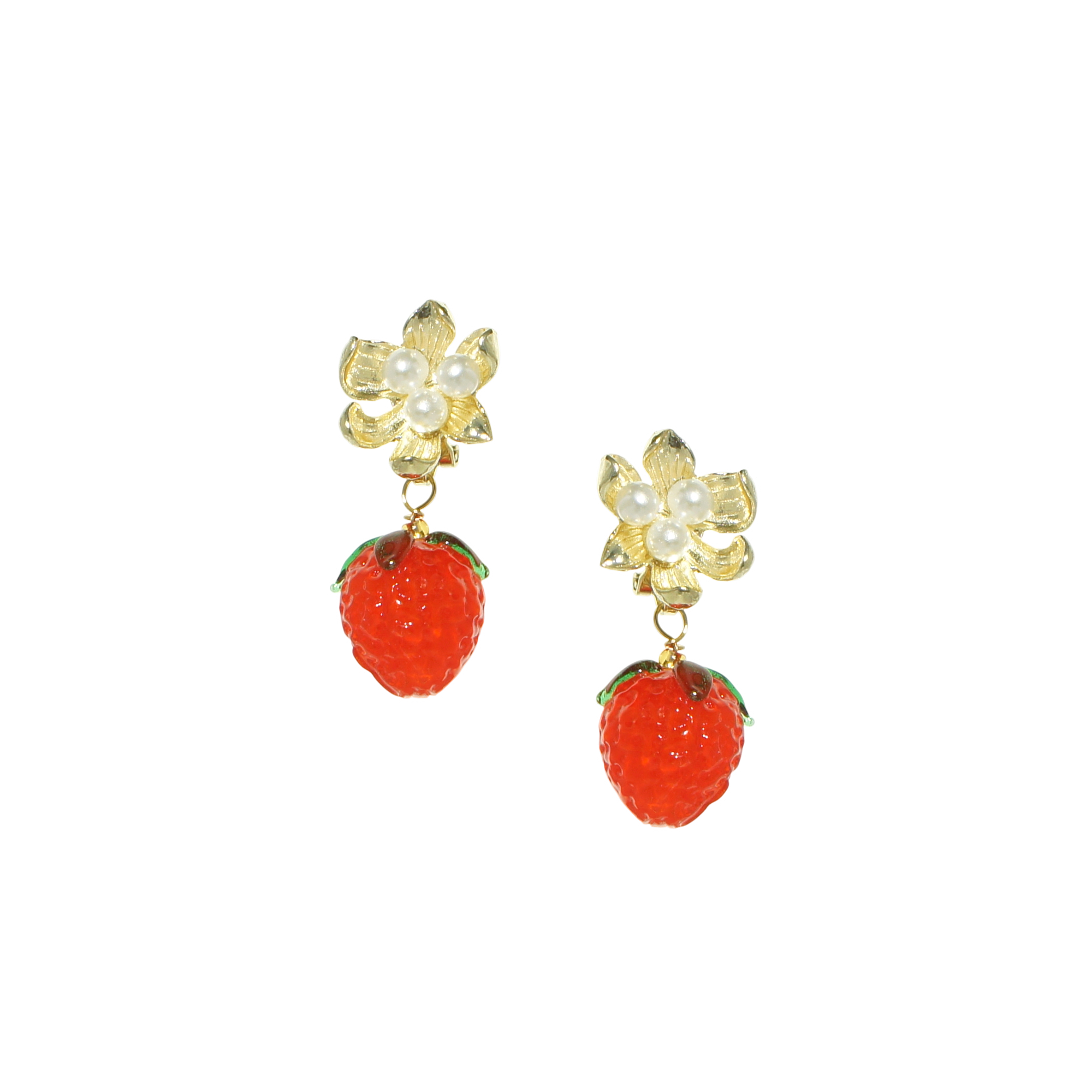 Strawberry and Golden Flower Clip-on Earrings
