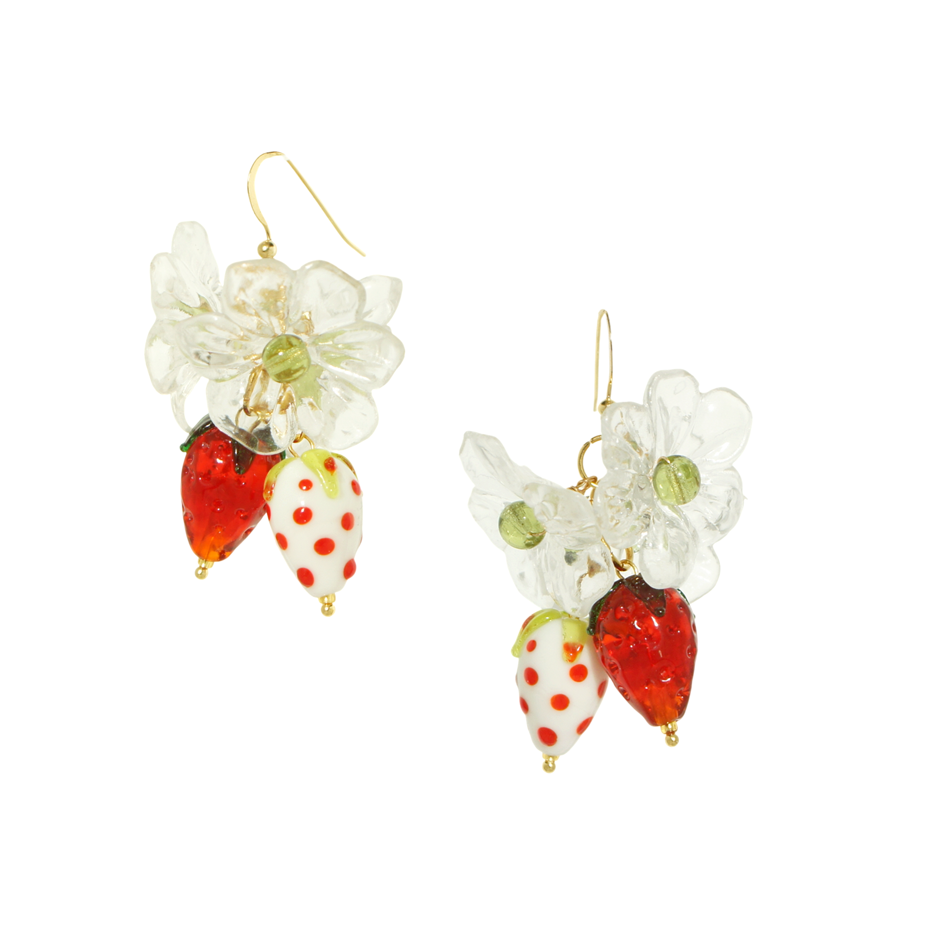 Strawberry Fields Statement Earrings with Lampwork Glass Strawberry and Clear Flowers