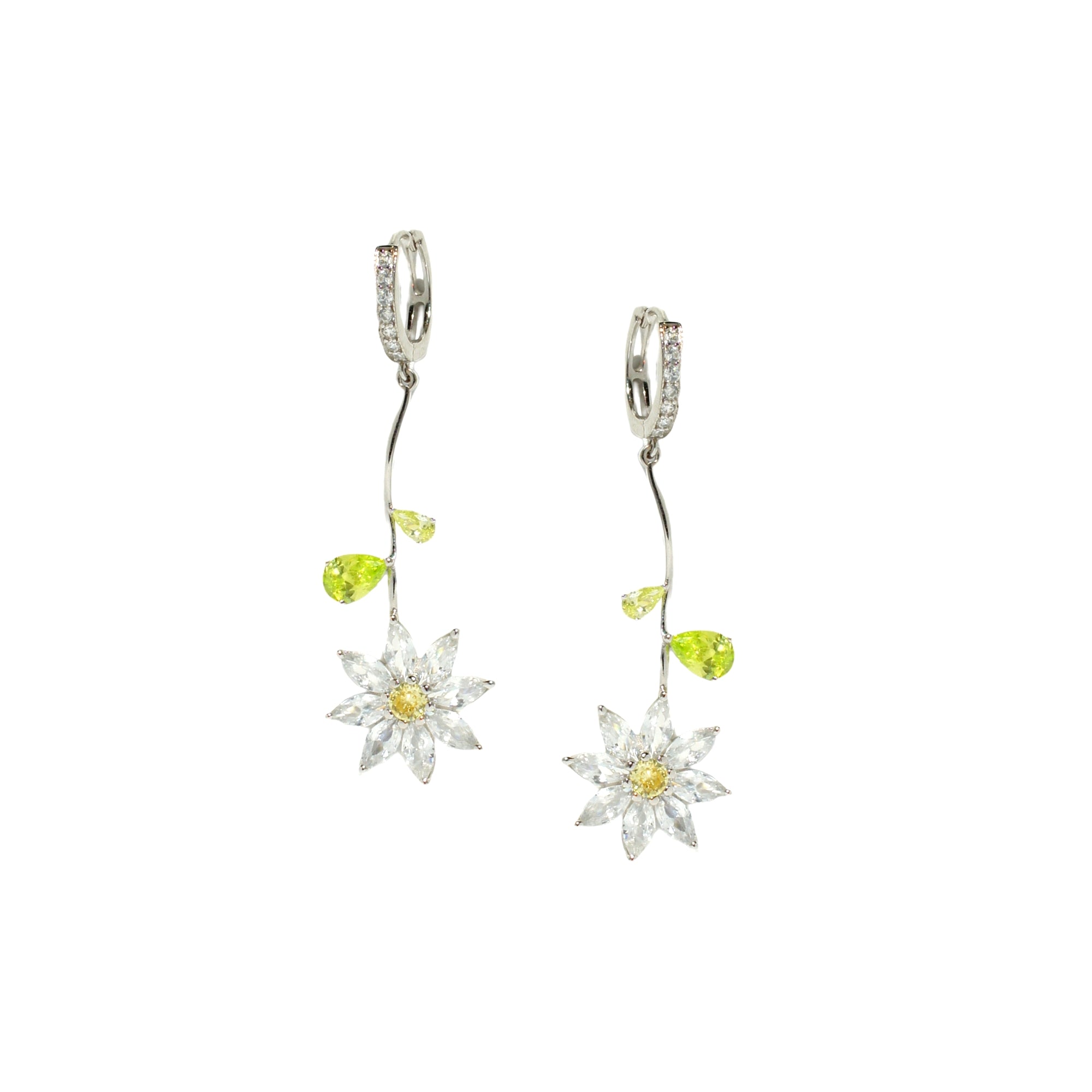 Garden Tales Crystal Pave Huggie Hoop Earrings with Daisy Drop, Sterling Silver