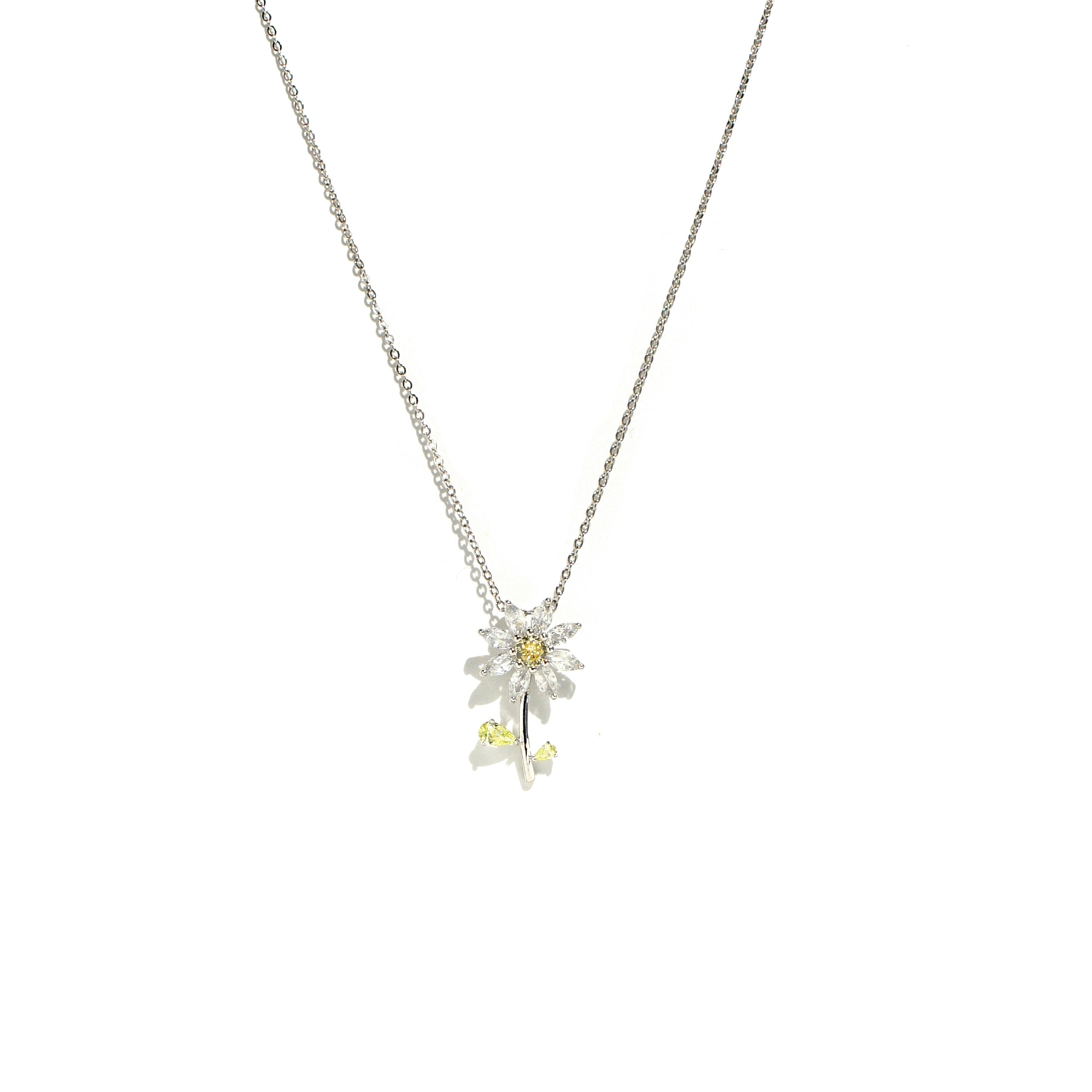 Garden Tales Crystal Daisy with Stem Pendant Necklace, Sterling Silver