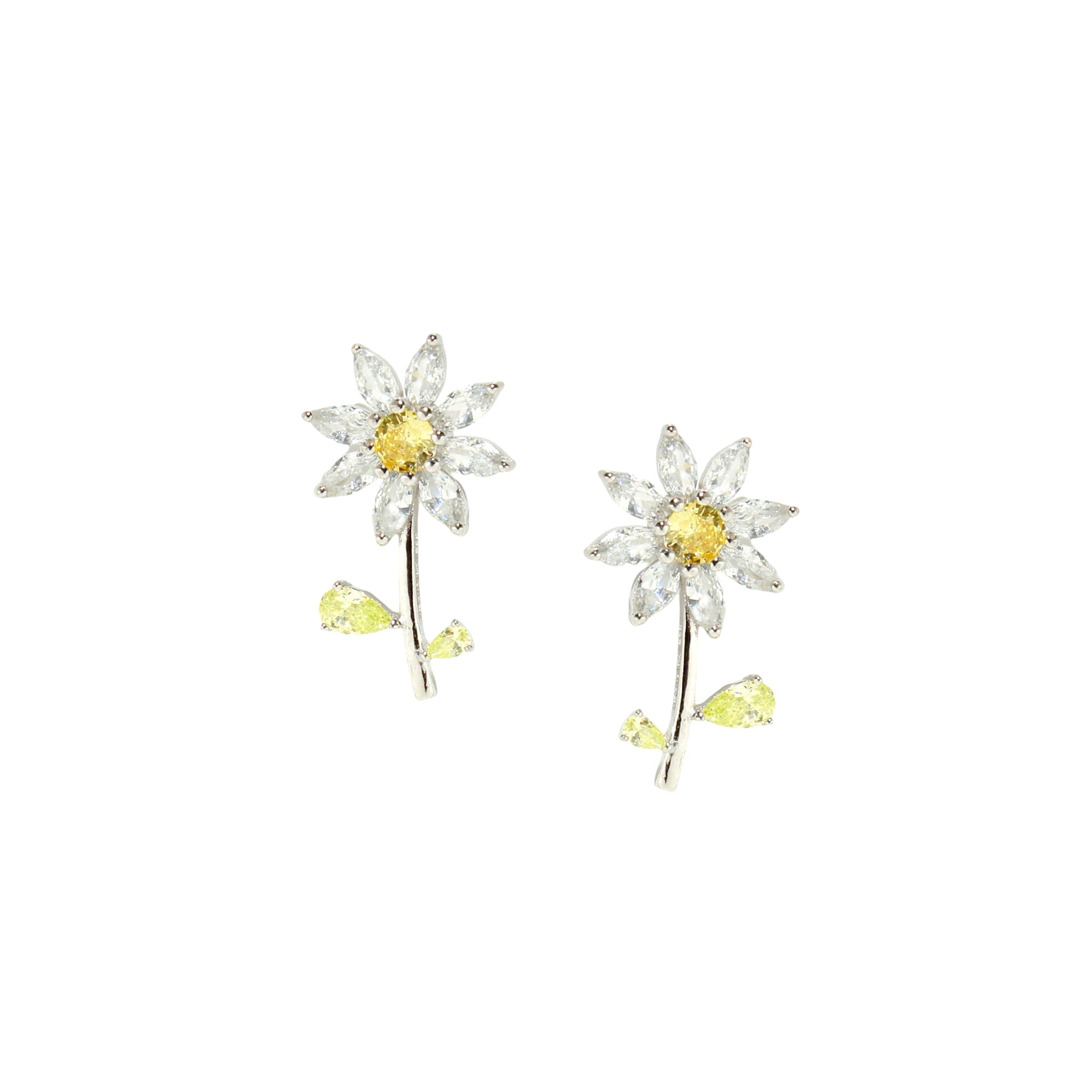 Garden Tales Crystal Daisy with Stem Stud Earrings, Sterling Silver