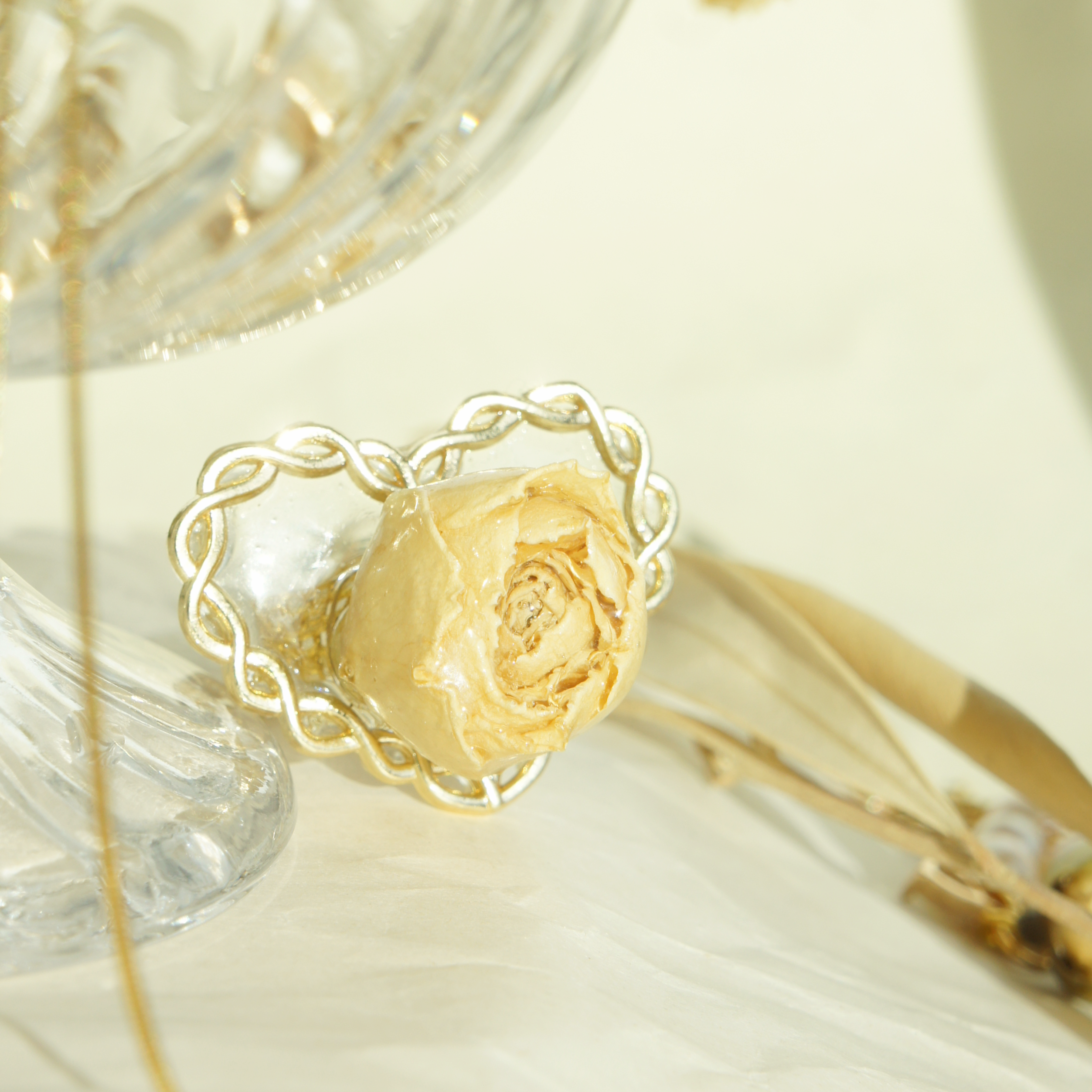 *REAL FLOWER* Rosa Blanca Rosebud Resin Ring on Golden Rope Heart