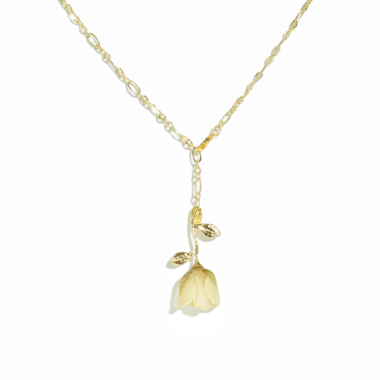*REAL FLOWER* Rosa Blanca Chain Necklace with Rosebud Pendant, Length Adjustable